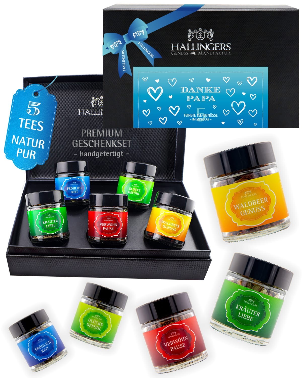 Tee Vatertagsgeschenk-Set - 5x loser Tee Geschenkbox "Danke Papa" - Hallingers Genuss Manufaktur