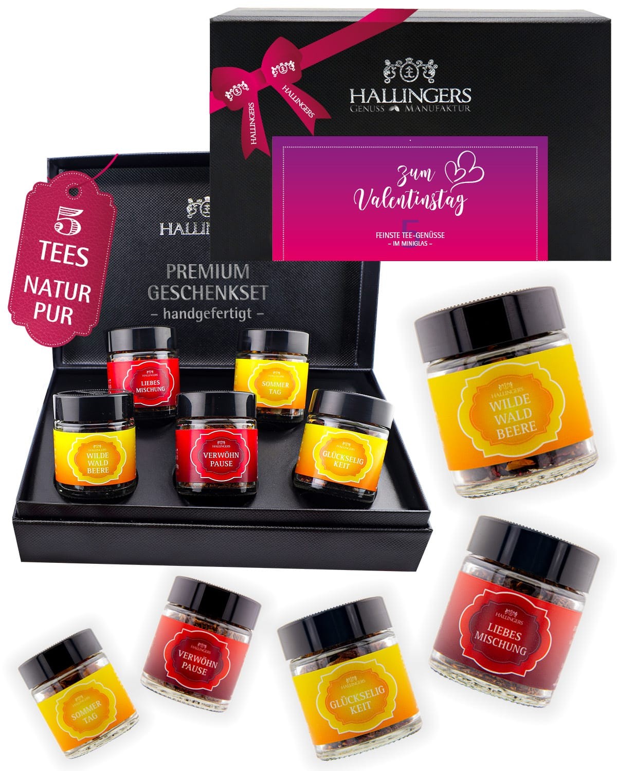 Loser Tee Geschenkset Valentinstag - 5 Sorten Premium Teeset im Glas, vegan & glutenfrei in edler Geschenkbox "Zum VT", Probierset Geschenkidee für si