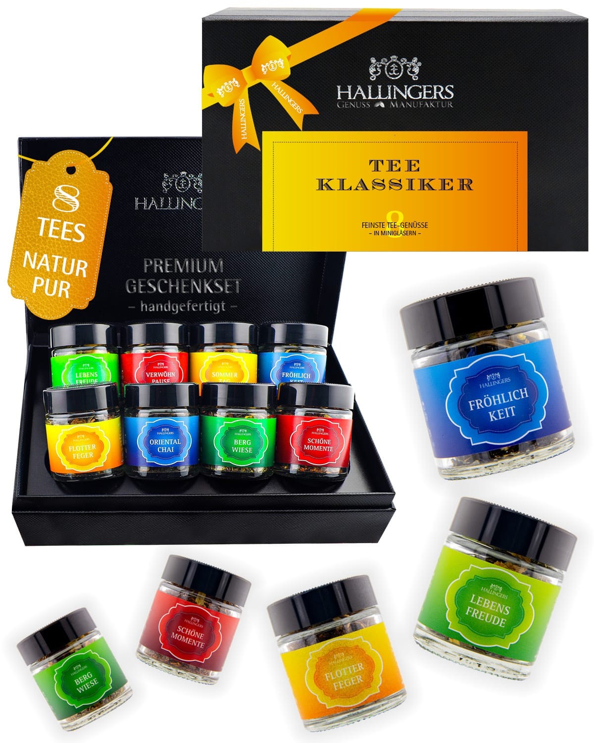 Tee Geschenkset – 8 Sorten Premium loser Tee im Glas in edler Geschenkbox, veganes Tee Set "Tee Klassiker" Probierset, Geschenkidee für Frauen & Männe