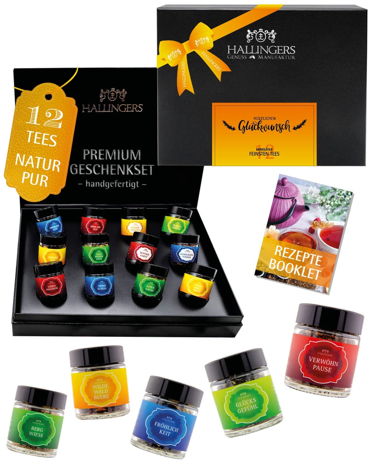 Tee Glückwunsch-Geschenk-Set - 12x loser Tee Geschenkbox "Herzlichen Glückwunsch" - Hallingers Genuss Manufaktur