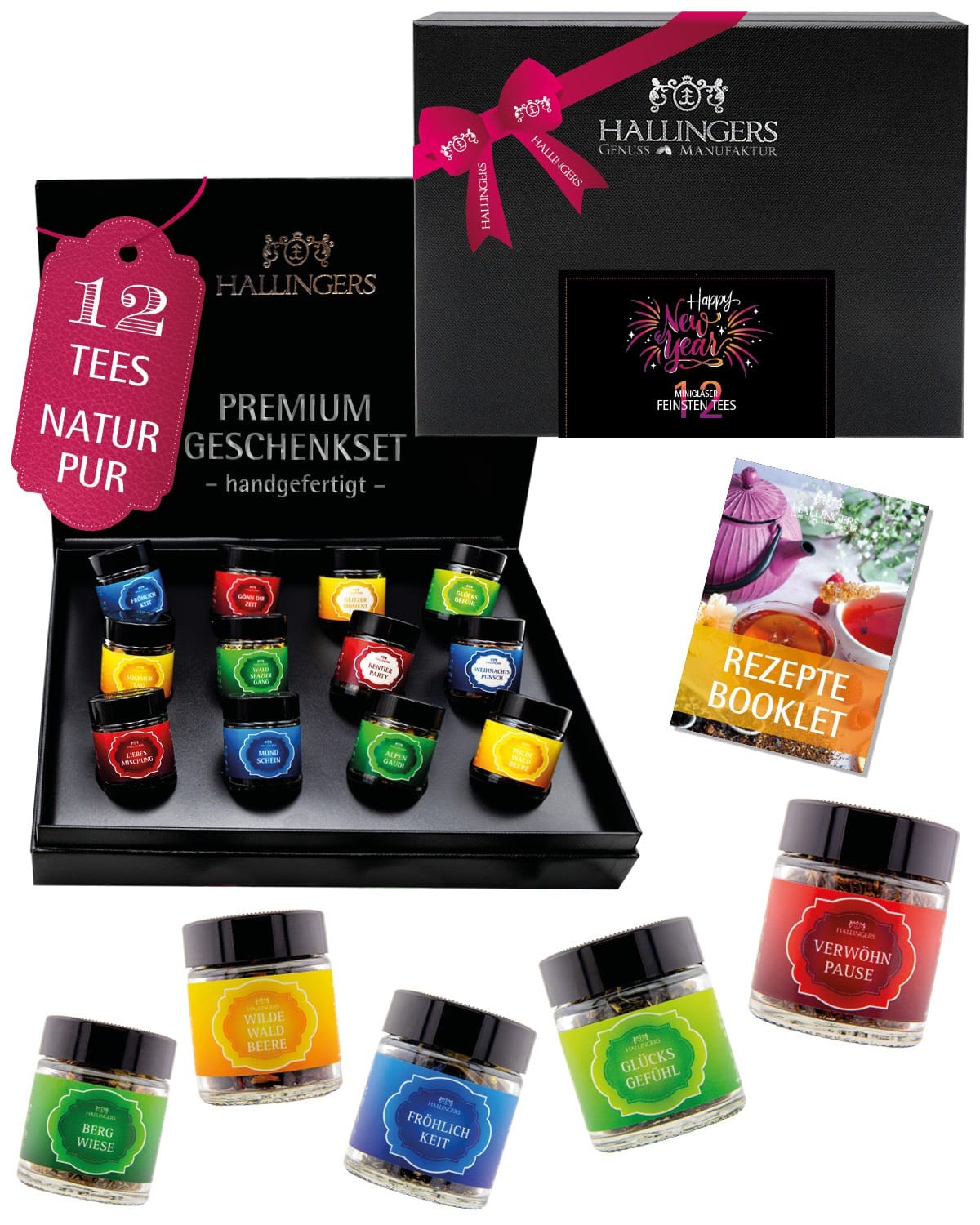 Tee Geschenk Weihnachten-Set - 12x loser Tee Geschenkbox "Happy New Year Pink" - Hallingers Genuss Manufaktur