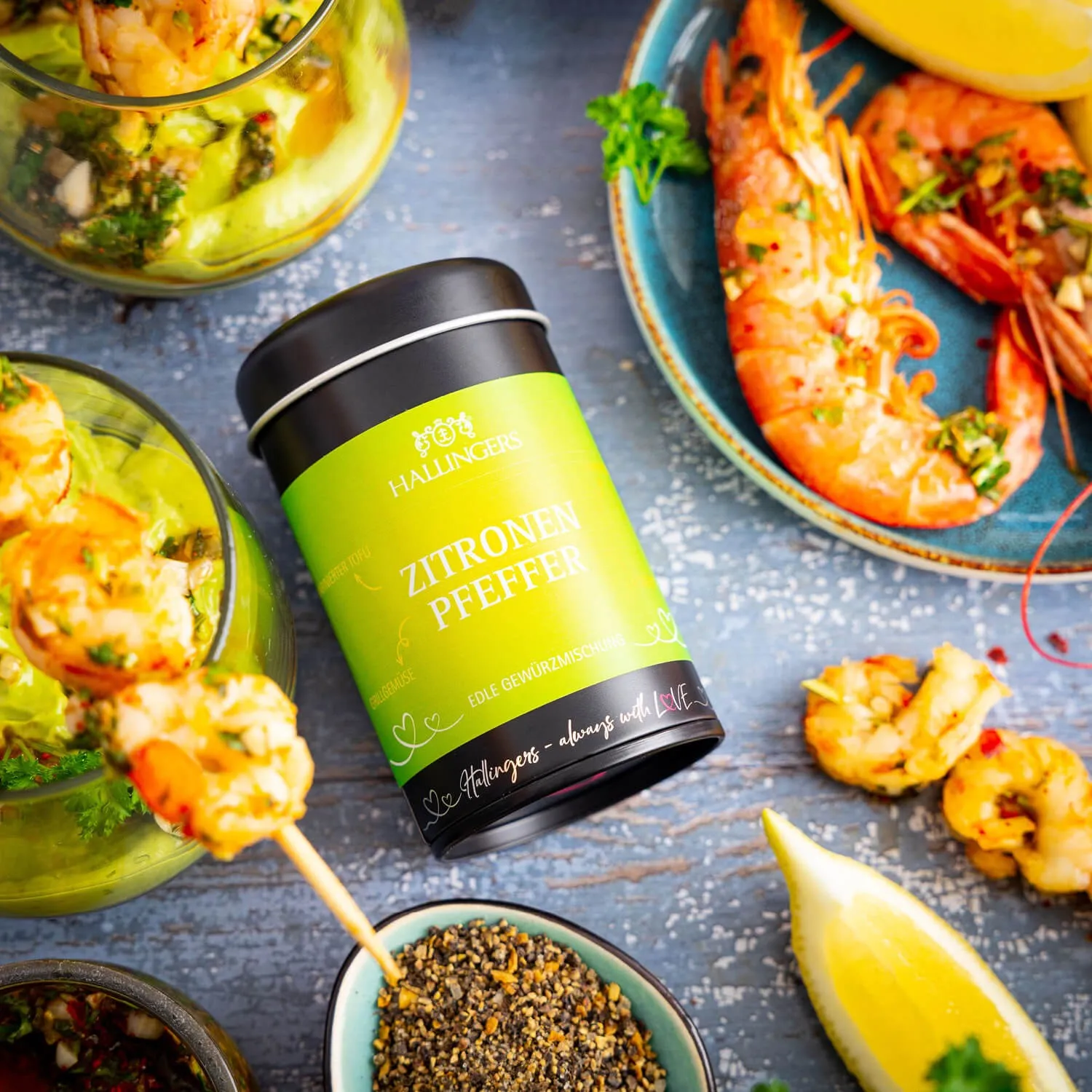 Feinster Gourmet-Pfeffer von Hallingers - in der edlen Aromadose, luftdicht verschlossen und lange haltbar.