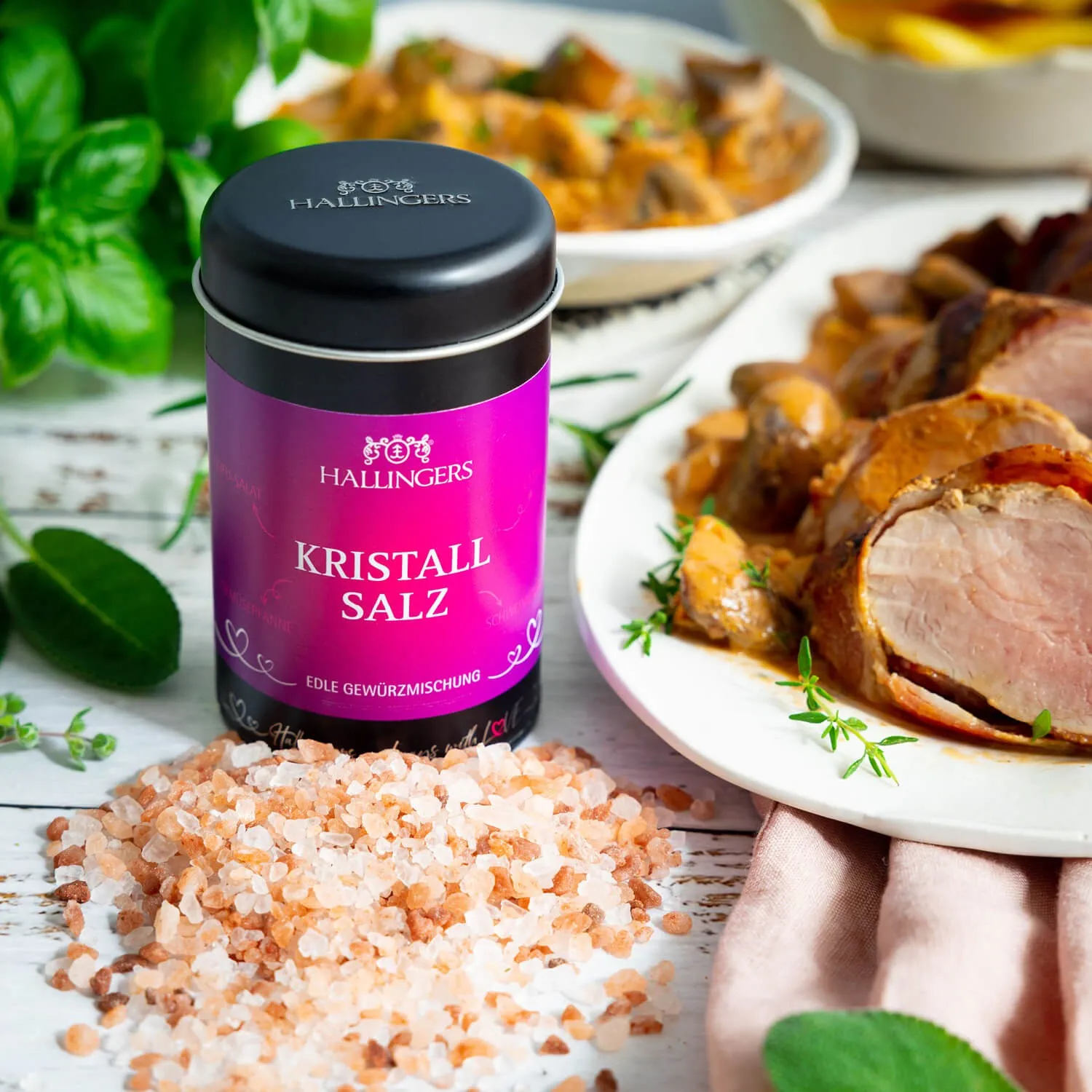 Feinstes Gourmet-Salz von Hallingers - in der edlen Aromadose, luftdicht verschlossen und lange haltbar.