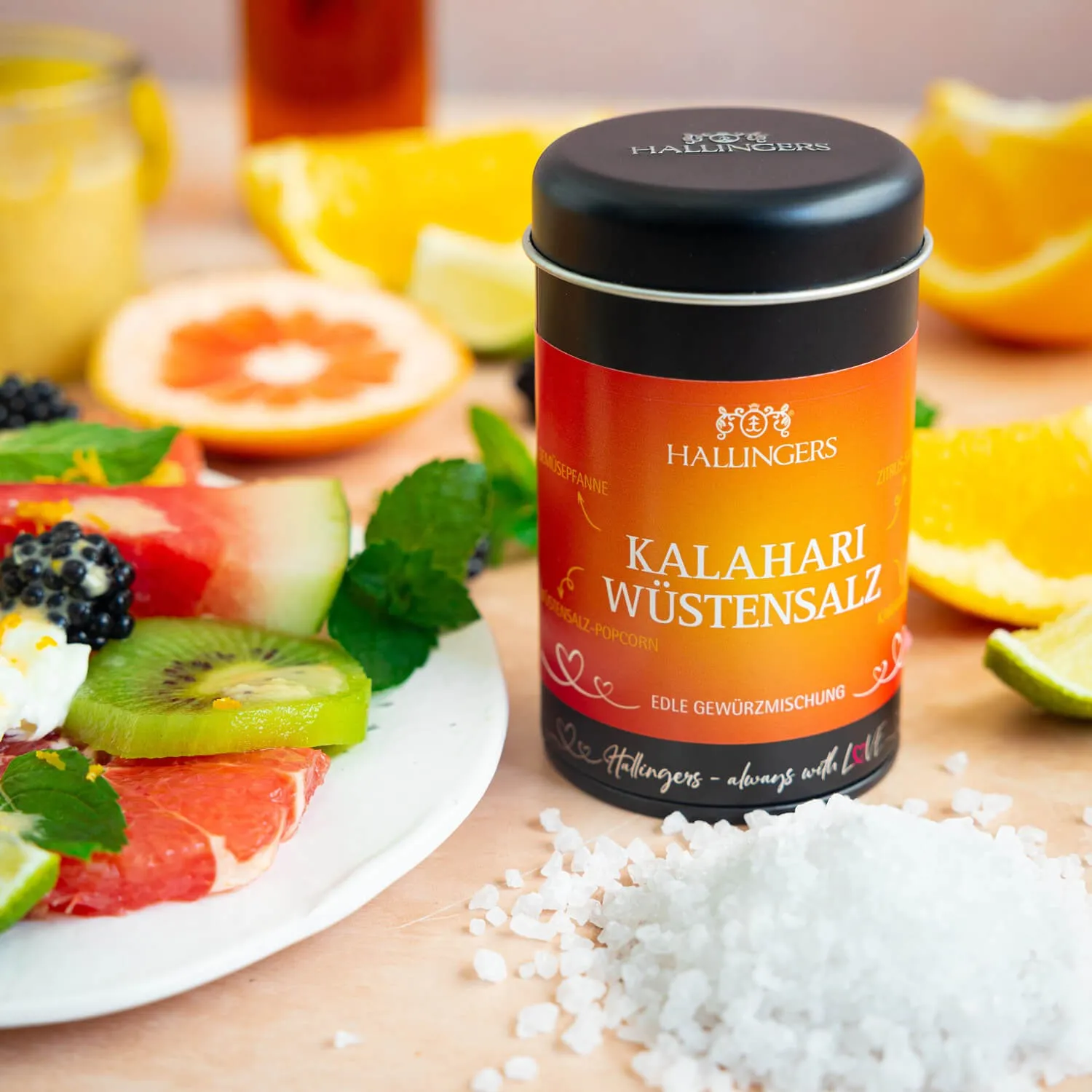 Feinstes Gourmet-Salz von Hallingers - in der edlen Aromadose, luftdicht verschlossen und lange haltbar.