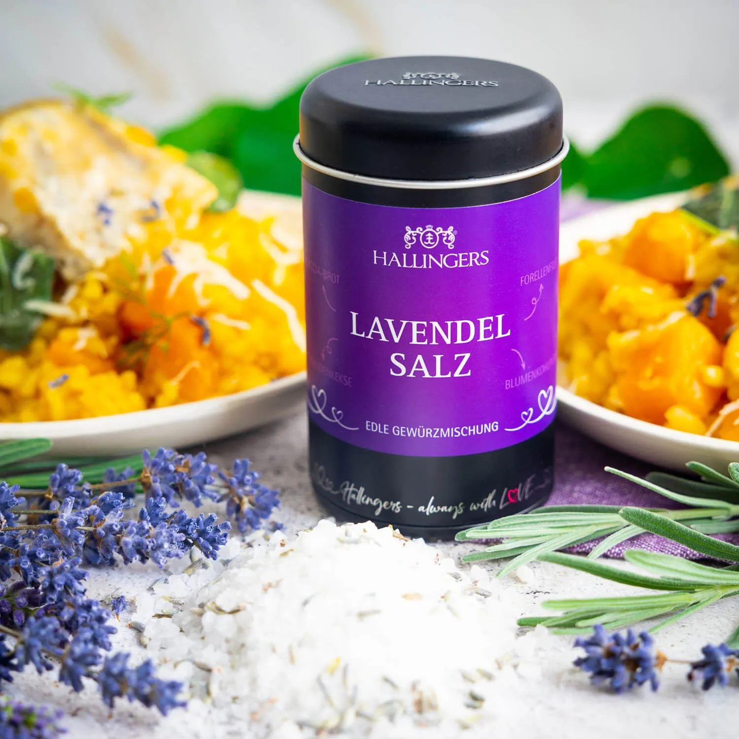 Feinstes Gourmet-Salz von Hallingers - in der edlen Aromadose, luftdicht verschlossen und lange haltbar.