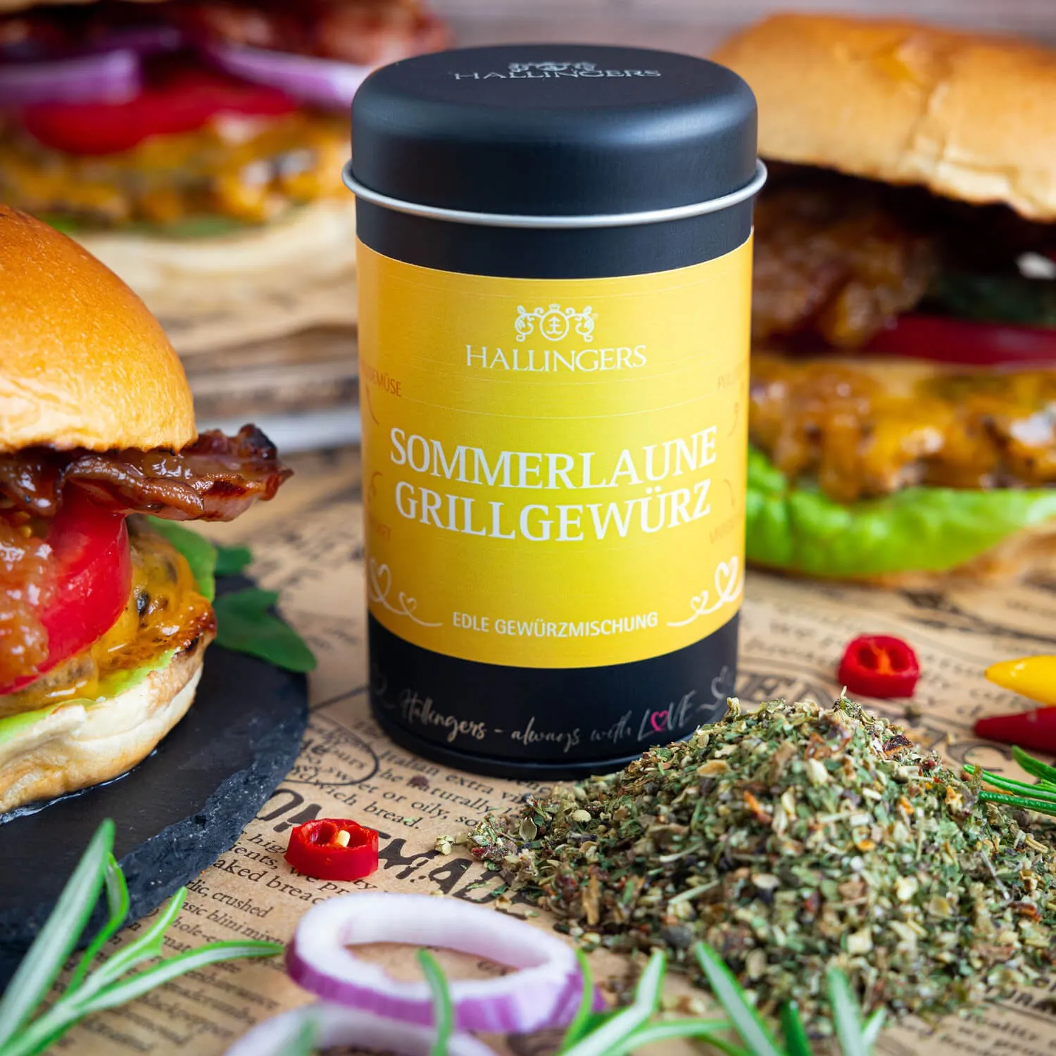 Feinste Gourmet-Gewürzmischung von Hallingers - in der edlen Aromadose mit Streueinsatz, luftdicht verschlossen und lange haltbar.