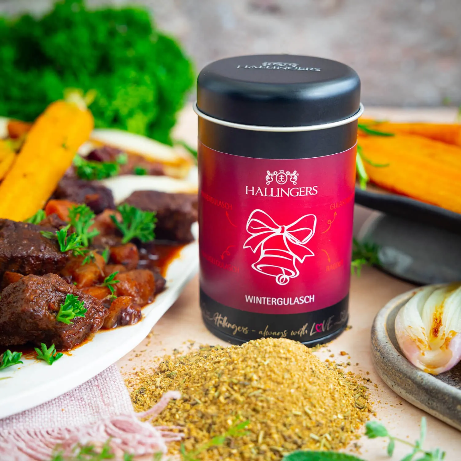 Feinste Gourmet-Gewürzmischung von Hallingers - in der edlen Aromadose mit Streueinsatz luftdicht lange haltbar