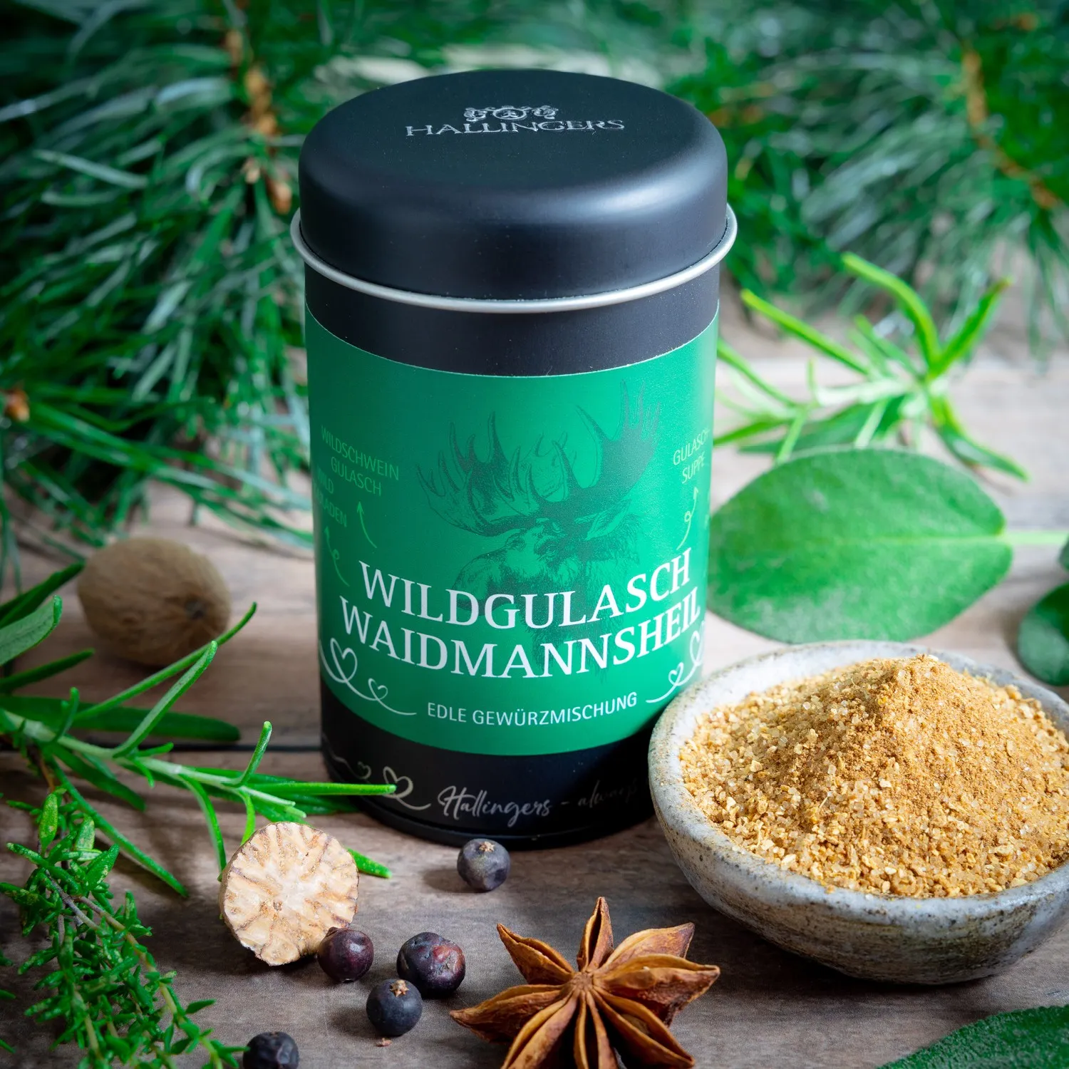 Feinste Gourmet-Gewürzmischung von Hallingers - in der edlen Aromadose mit Streueinsatz, luftdicht verschlossen und lange haltbar.