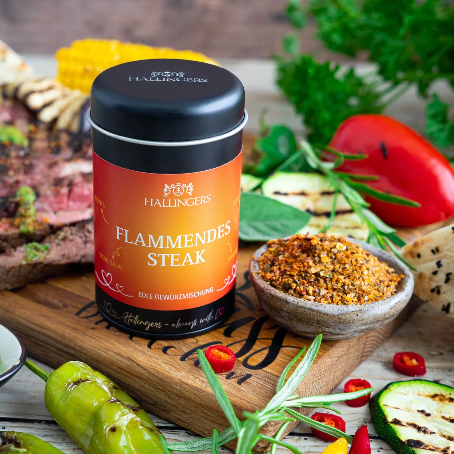 Feinste Gourmet-BBQ-Mischung von Hallingers - in der edlen Aromadose mit Streueinsatz luftdicht lange haltbar