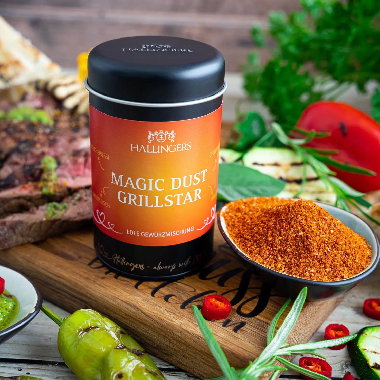 Feinste Gourmet-BBQ-Mischung von Hallingers - in der edlen Aromadose mit Streueinsatz luftdicht lange haltbar