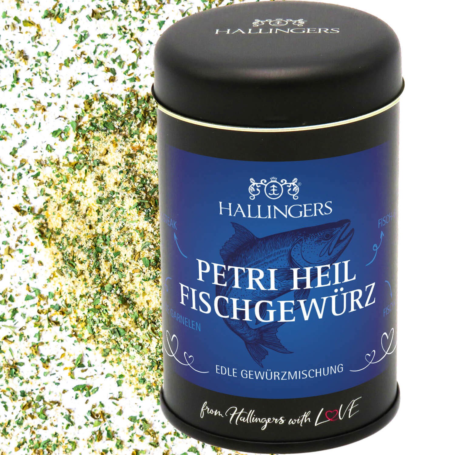 Gewürze Geschenk - Gewürz-Mischung für Fisch, Gemüsepfanne & Avocado - wunderbares Geschenk für Fischer, edle Geschenkdose "Petri Heil Fischgewürz", G