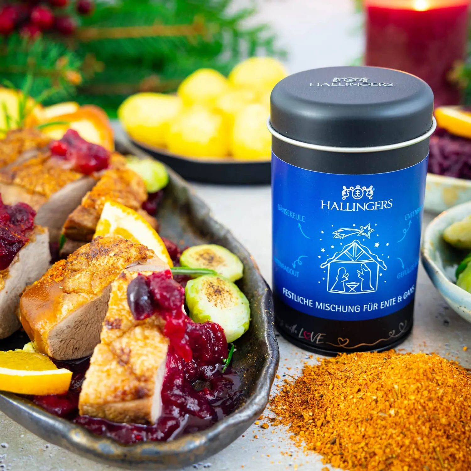 Feinster Gourmet-Gewürzmischung von Hallingers - in der edlen Aromadose, luftdicht verschlossen und lange haltbar.