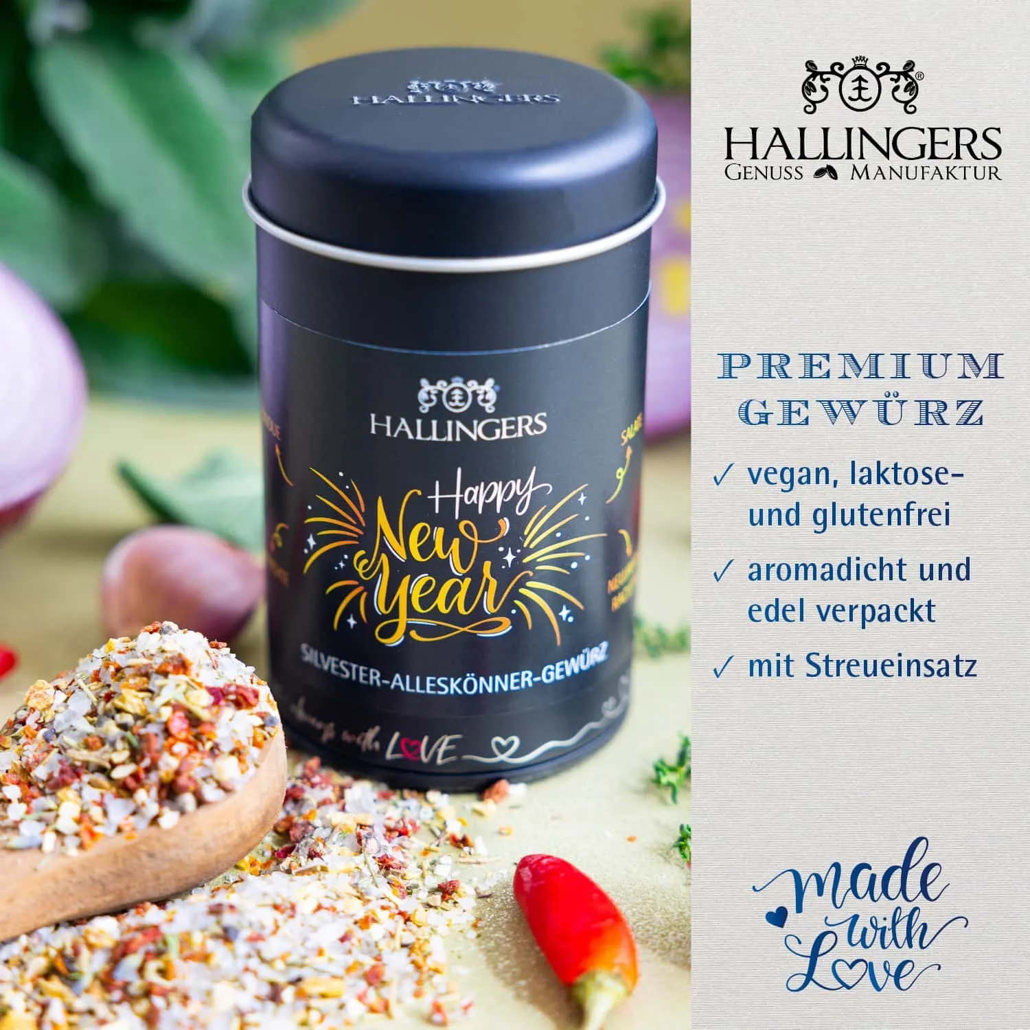 Feinste Gourmet-Gewürzmischung von Hallingers - in der edlen Aromadose mit Streueinsatz, luftdicht verschlossen und lange haltbar.