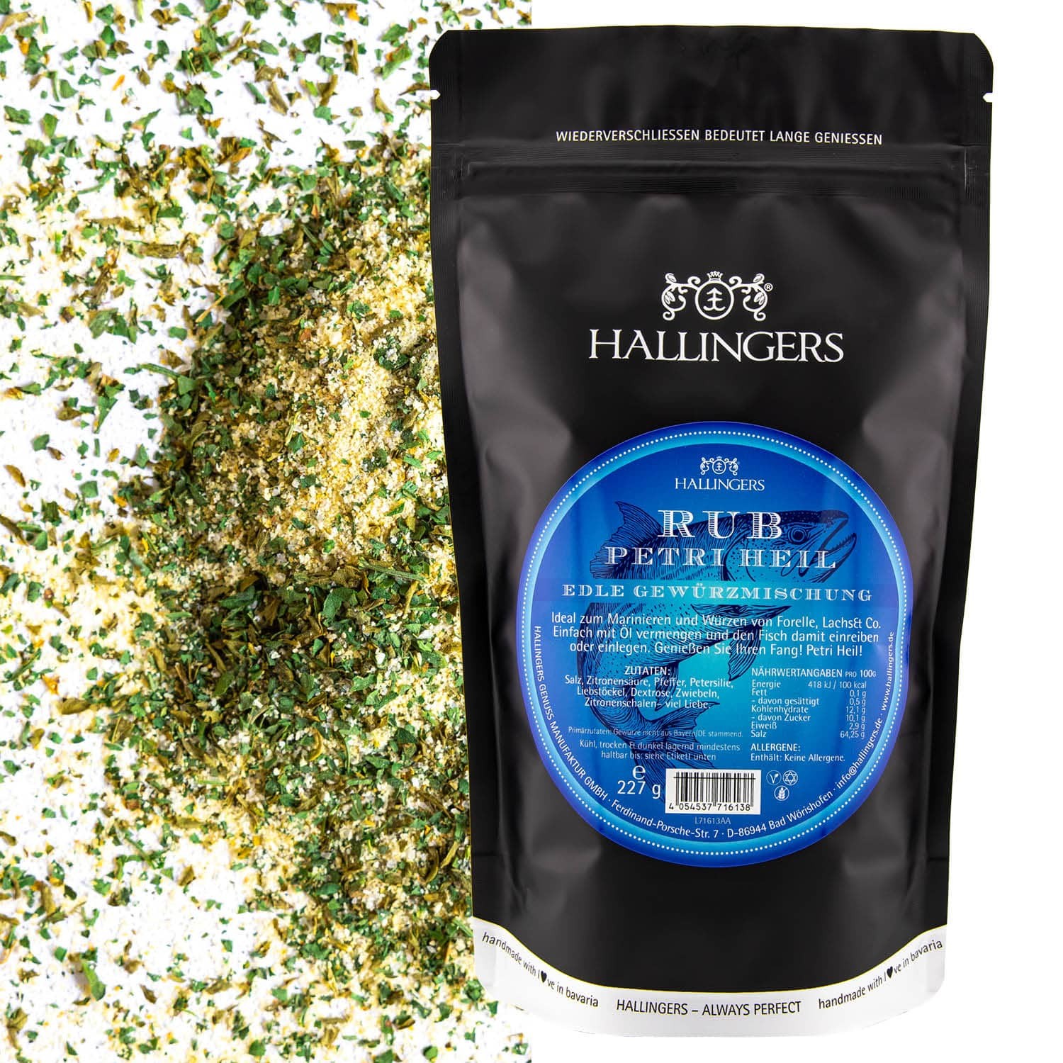 Gewürz-Mischung BBQ-Rub Marinade für Fisch perfekt zum Würzen & Grillen - für Fischer und mehr (227g) - Rub Petri Heil