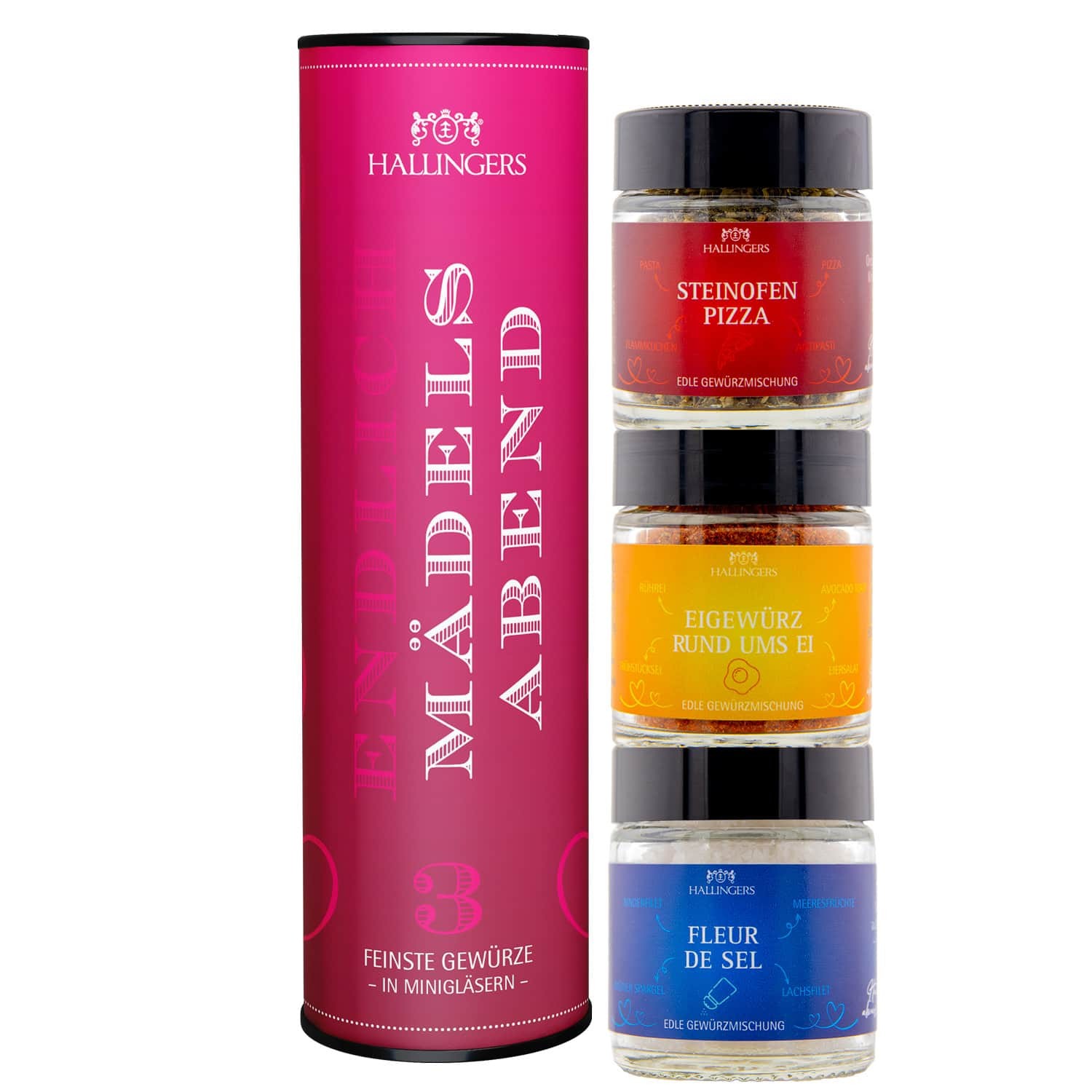 Gewürz Geschenk-Set - 3 Gläser in Geschenkdose "Endlich Mädels-Abend" - Hallingers Genuss Manufaktur