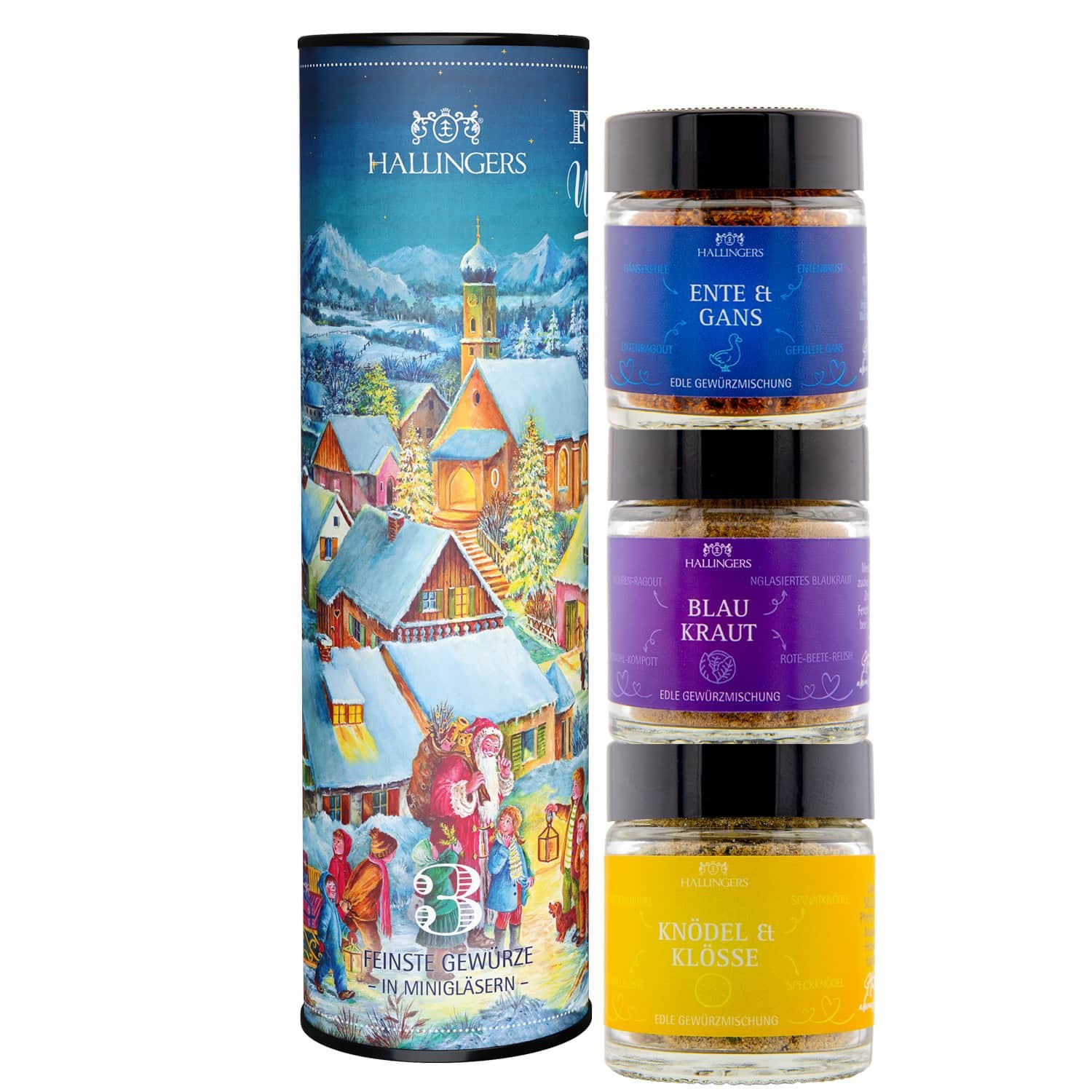 Gewürz Geschenk Weihnachten-Set - 3 Gläser in Geschenkdose "Frohe Weihnachten" - Hallingers Genuss Manufaktur
