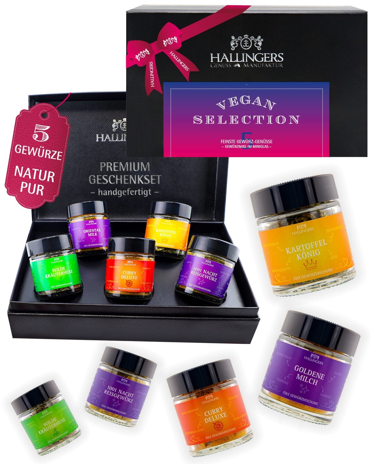 Gewürz Geschenk-Set - 5er Geschenkbox & Booklet "Vegan Selection" - Hallingers Genuss Manufaktur