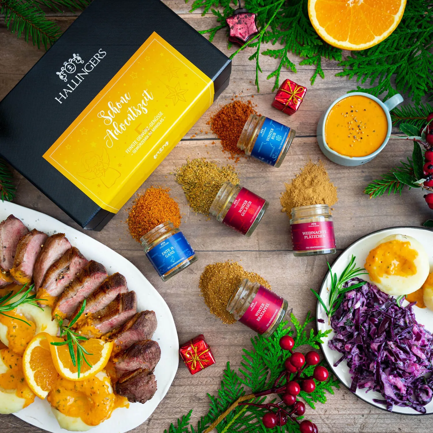 Feinstes Gourmet-Gewürz-Set von Hallingers - im Miniglas luftdicht lange haltbar. Perfektes Geschenk für Männer oder auch als Geschenk für sie!