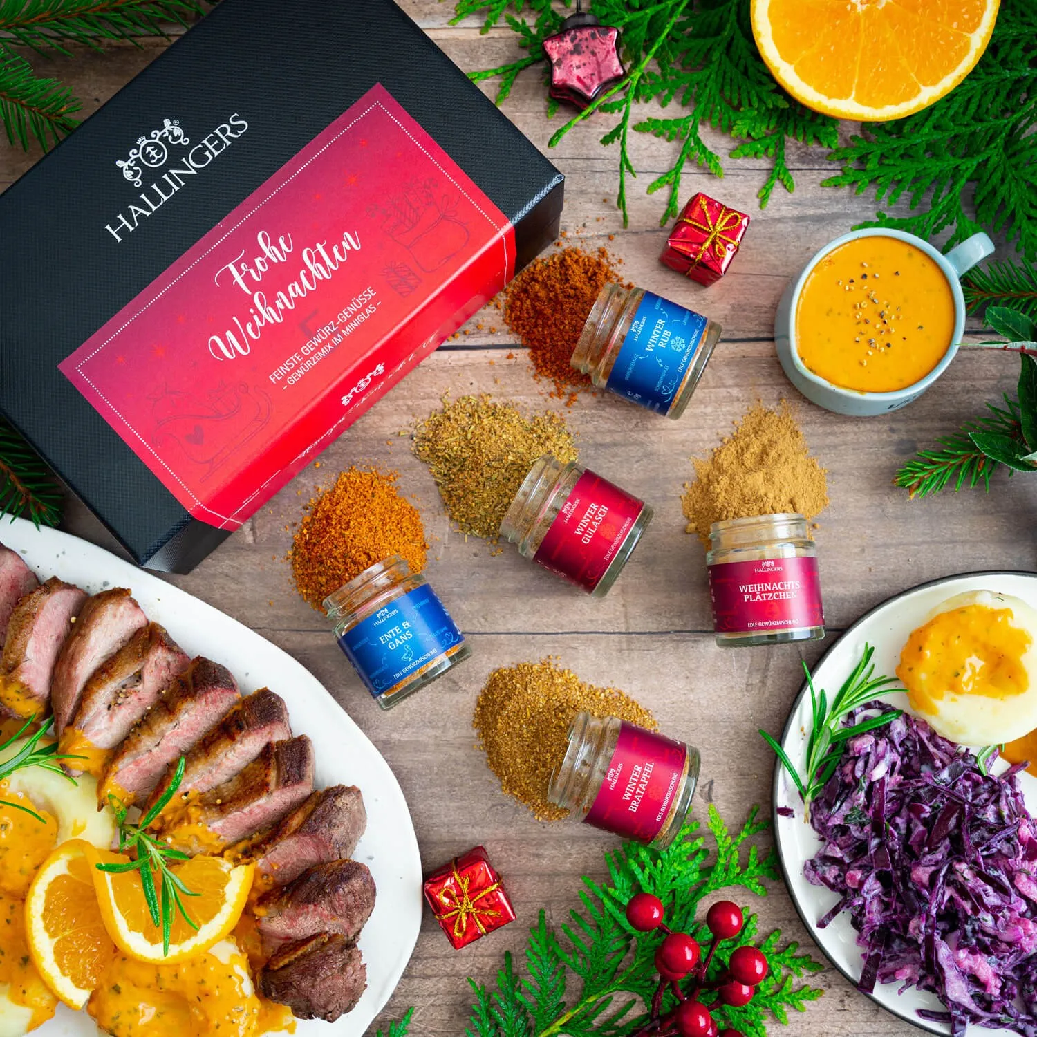 Feinstes Gourmet-Gewürz-Set von Hallingers - im Miniglas luftdicht lange haltbar. Perfektes Geschenk für Männer oder auch als Geschenk für sie!