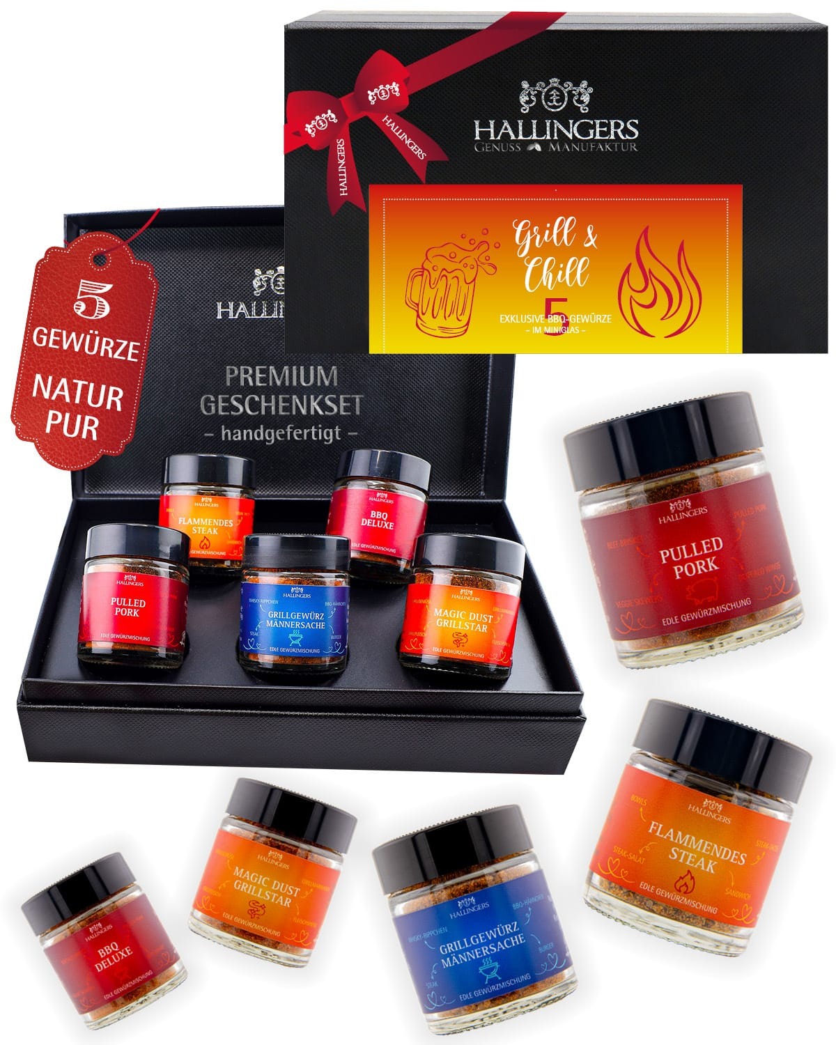 Gewürz Geschenk-Set - 5er Geschenkbox & Booklet "Grill & Chill" - Hallingers Genuss Manufaktur