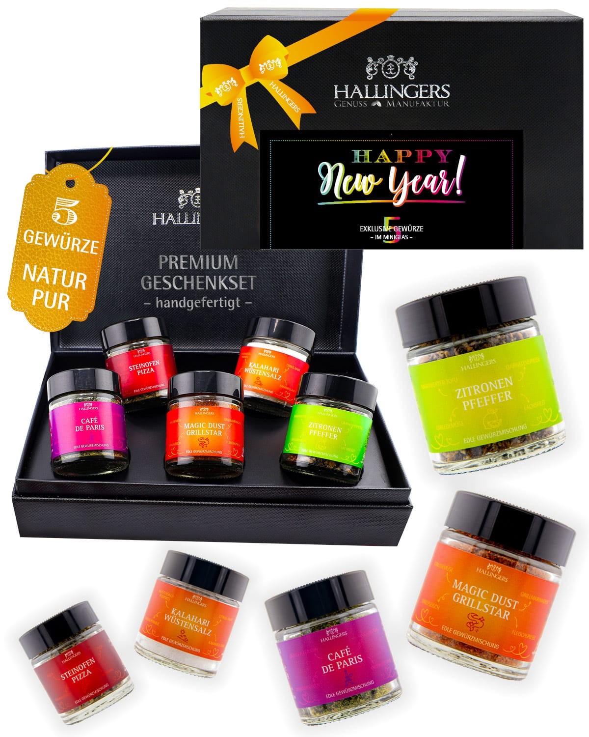 Grillgewürze Geschenkset Weihnachten – 5 Premium Gewürze zum Grillen & BBQ in edler Geschenkbox, Gewürze Set "Happy New Year", Geschenkidee Männer zum
