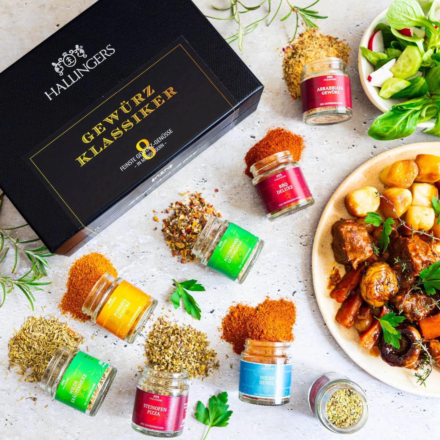 Hallingers bietet: Naturbelassene Gourmet-Gewürze, exotische Premiumgewürze, Kräuter, handgemachte Gewürzmischungen und Spezialgewürze.