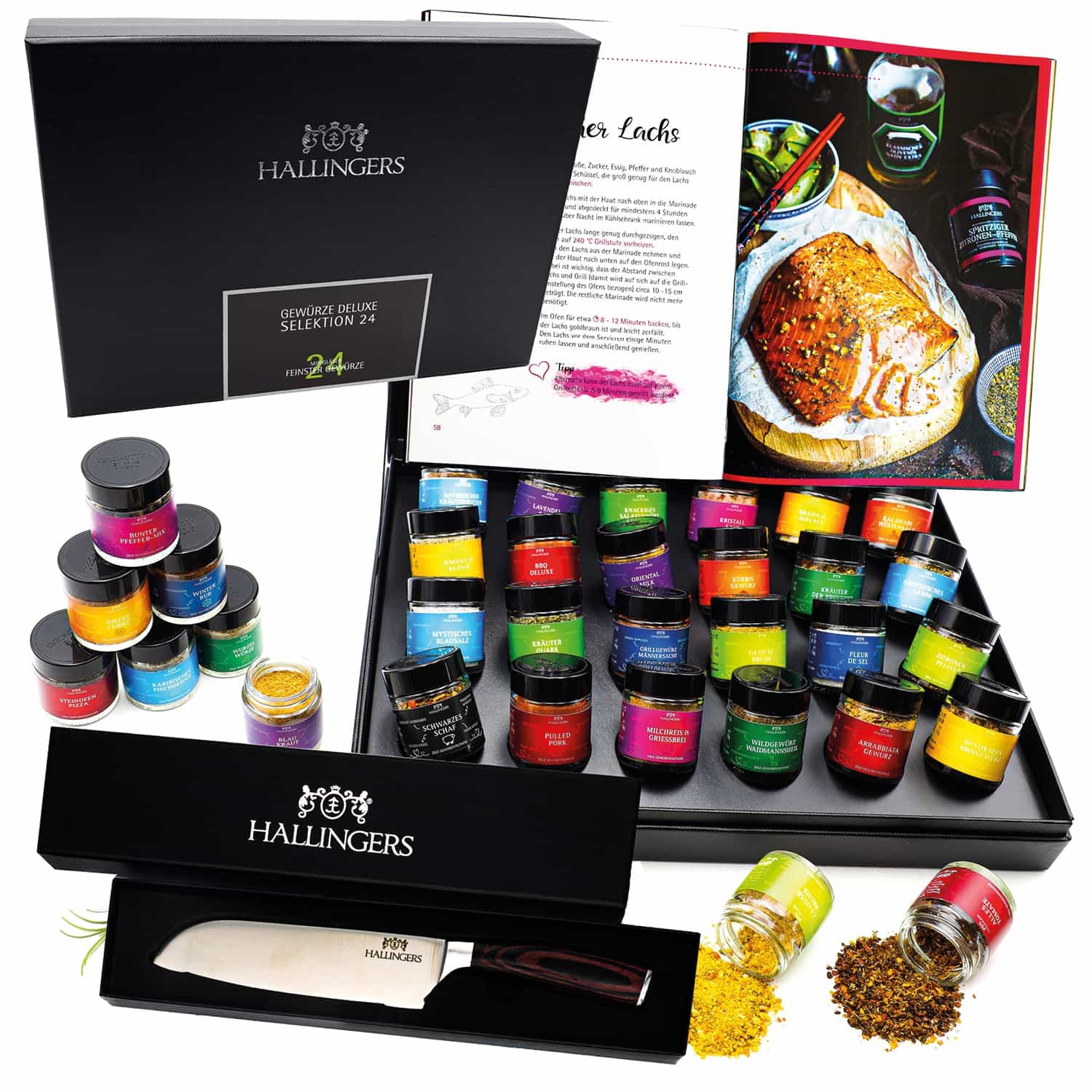 Gewürze Geschenkset mit Kochbuch & Santoku-Messer – 24 Premium Gewürze aus aller Welt, edle Geschenkbox, handgemacht, ideale Geschenkidee für Männer &