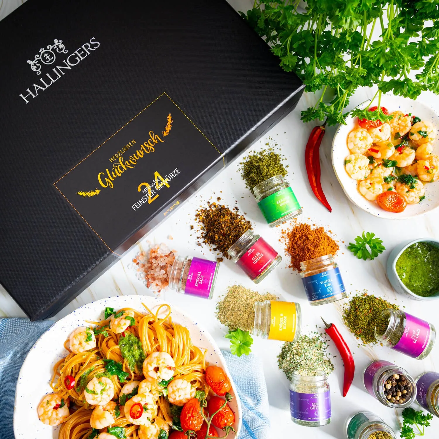 Bei Hallingers: naturbelassene Gourmet-Gewürze, exotische Premium-Gewürze, Kräuter, handgemachte Gewürzmischungen, Spezialgewürze.