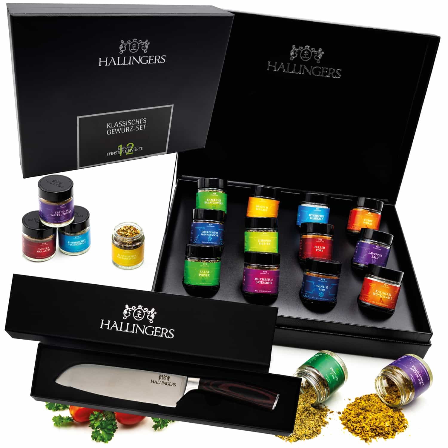 Gewürze Geschenkset mit Santoku-Messer – 12 Premium Gewürze in Glas, edle Geschenkbox zum Kochen & Grillen, Gourmet Geschenk für Männer & Frauen zu Ge
