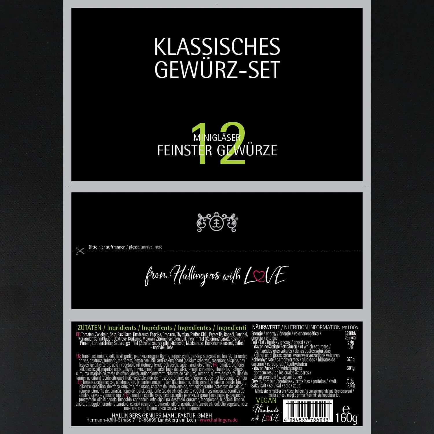 Klassisches Gewürz-Set & Premium Santoku & Kochbuch (12 Gewürze im Glas)