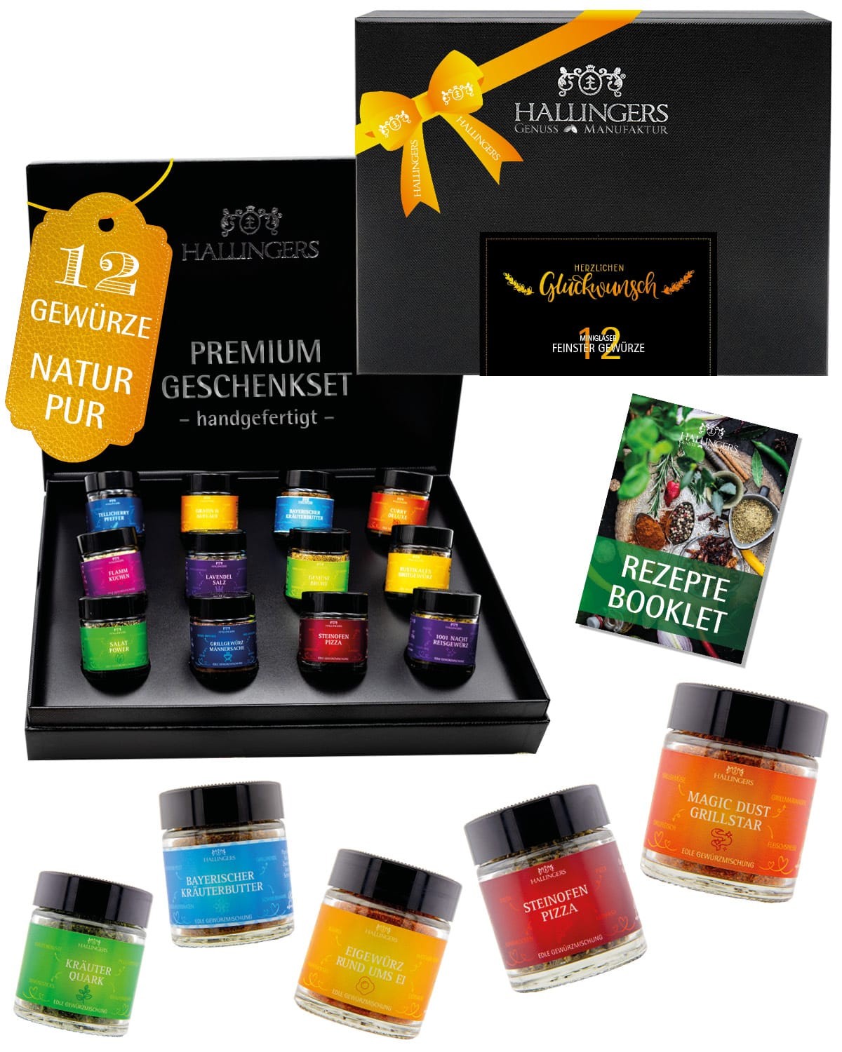 Gewürze Geschenkset – 12 Premium Gewürze im Glas, edle Geschenkbox zum Kochen & Grillen, Gewürz Set "Herzlichen Glückwunsch", Geschenkidee für Männer,