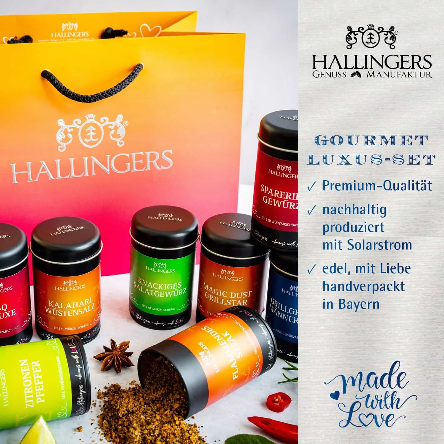 Hallingers bietet: Naturbelassene Gourmet-Gewürze, exotische Premiumgewürze, Kräuter, handgemachte Gewürzmischungen und Spezialgewürze.