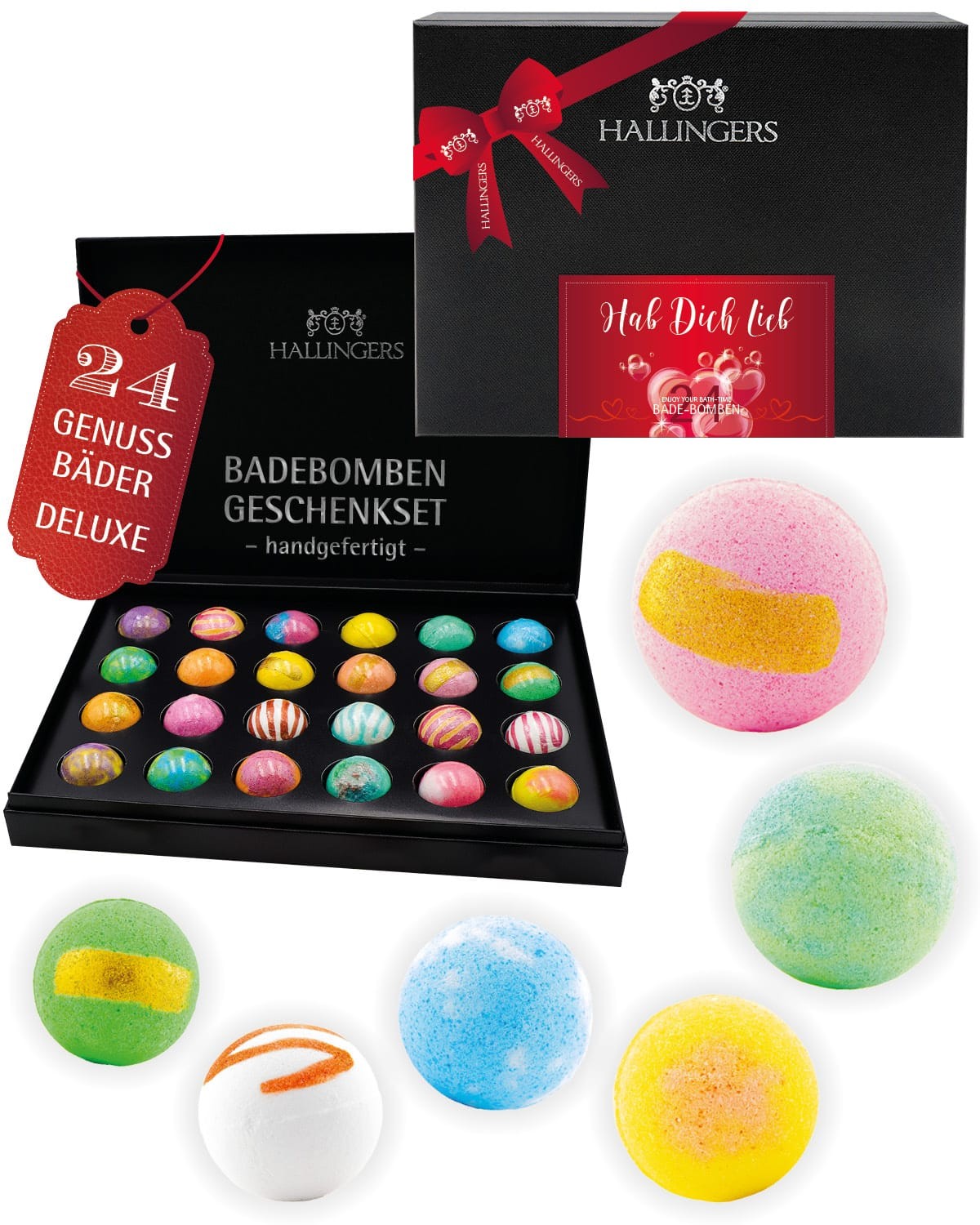 Badebomben Geschenkset Valentinstag – 24 Badekugeln in Geschenkbox "Hab Dich Lieb", Wellness & Spa Geschenkidee für sie & ihn, aromatisches Badeset, B