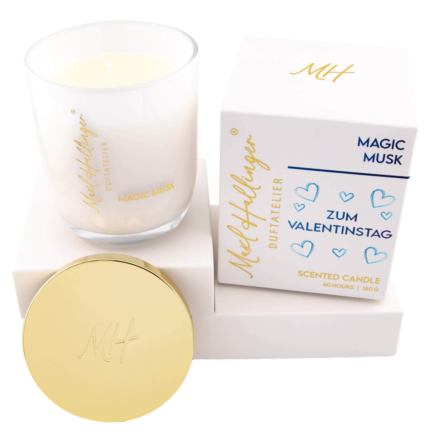 Duftkerze Valentintstag Geschenk - Liebeskerze im Glas aus Sojawachs bis 40h Edition Maxl Hallinger, edle Geschenkbox "Blue", scented candle - für sie