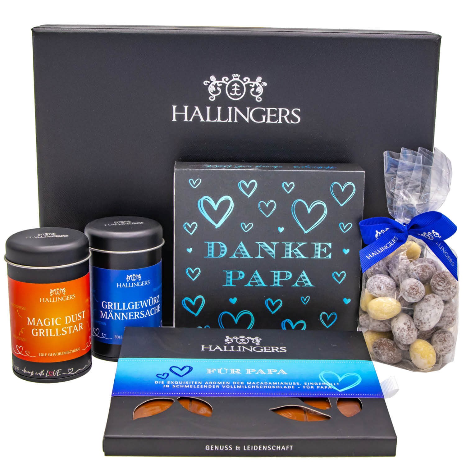 Geschenkkorb Geschenkset Vatertag – Feinkost Mix mit Schokolade Pralinen Gewürze & Nougat, edle Geschenkbox, Premium Gourmet Geschenk für Papa Männer,