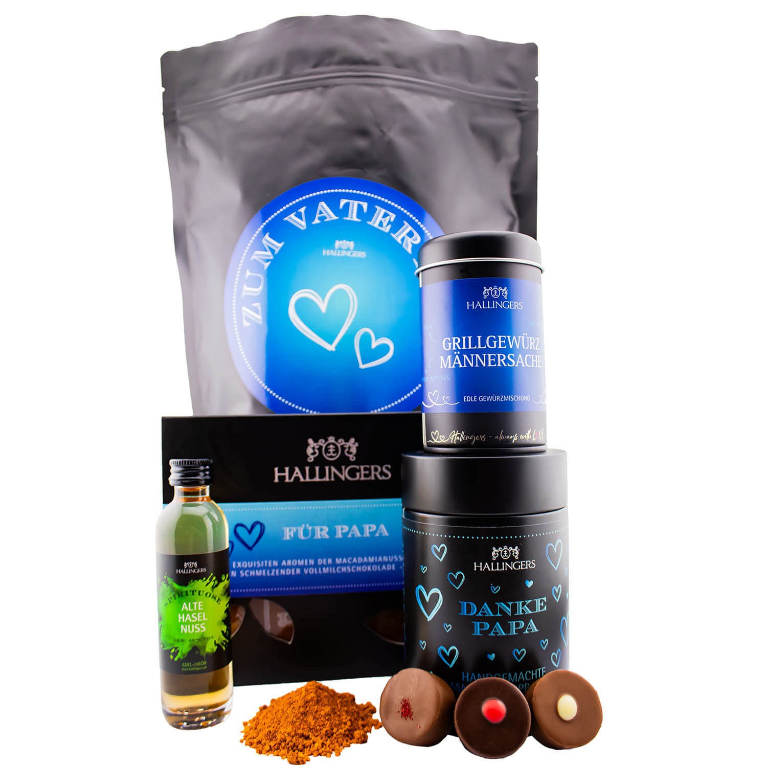 Geschenkkorb Geschenkset Vatertag – Feinkost Mix mit Haselnusslikör Grillgewürz Pralinen & Schokolade, edle Wundertüte, besonderes Geschenk für Papa,