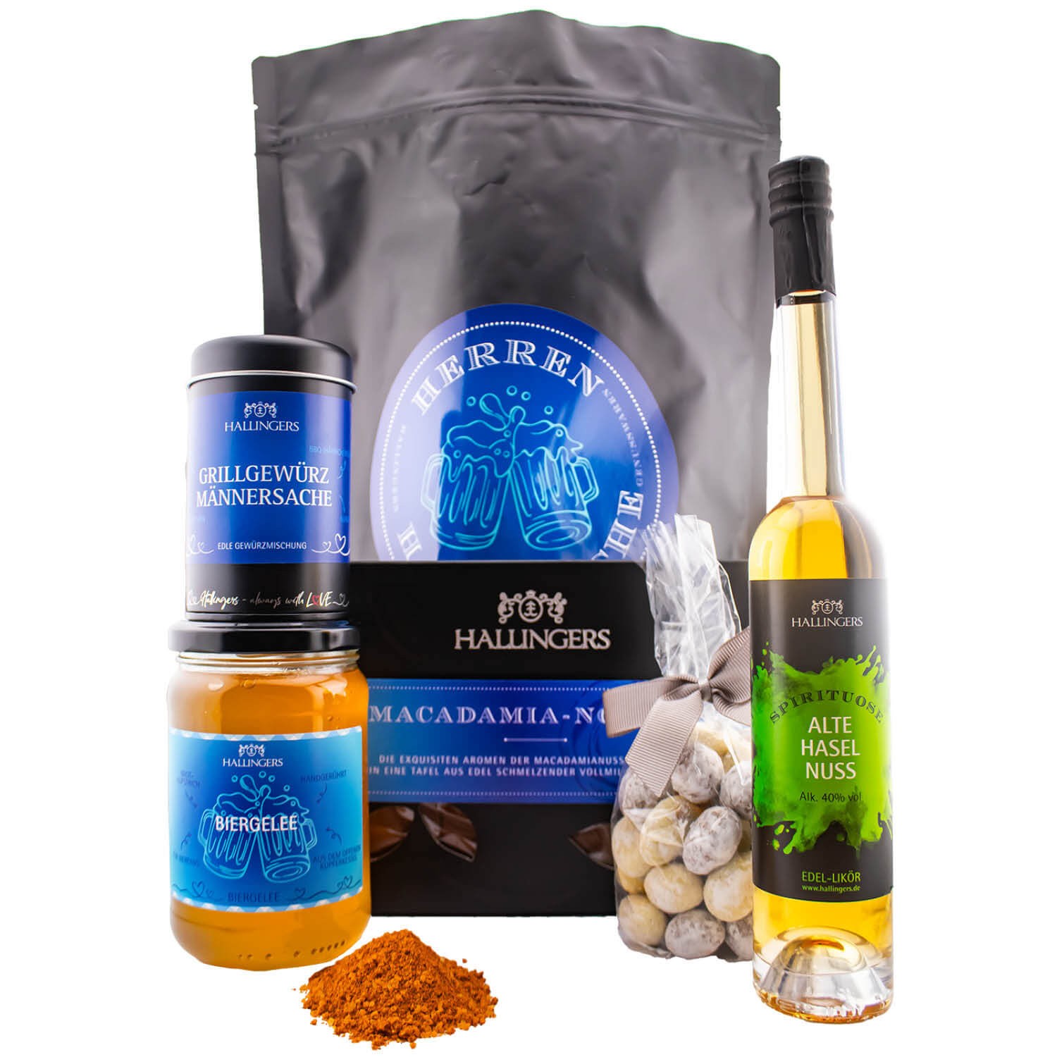 Geschenkkorb Geschenkset Vatertag – Feinkost Mix mit Haselnusslikör Gewürz Biergelée & Nougat Mandeln, in edler Wundertüte, Geschenk für Männer, "Herr