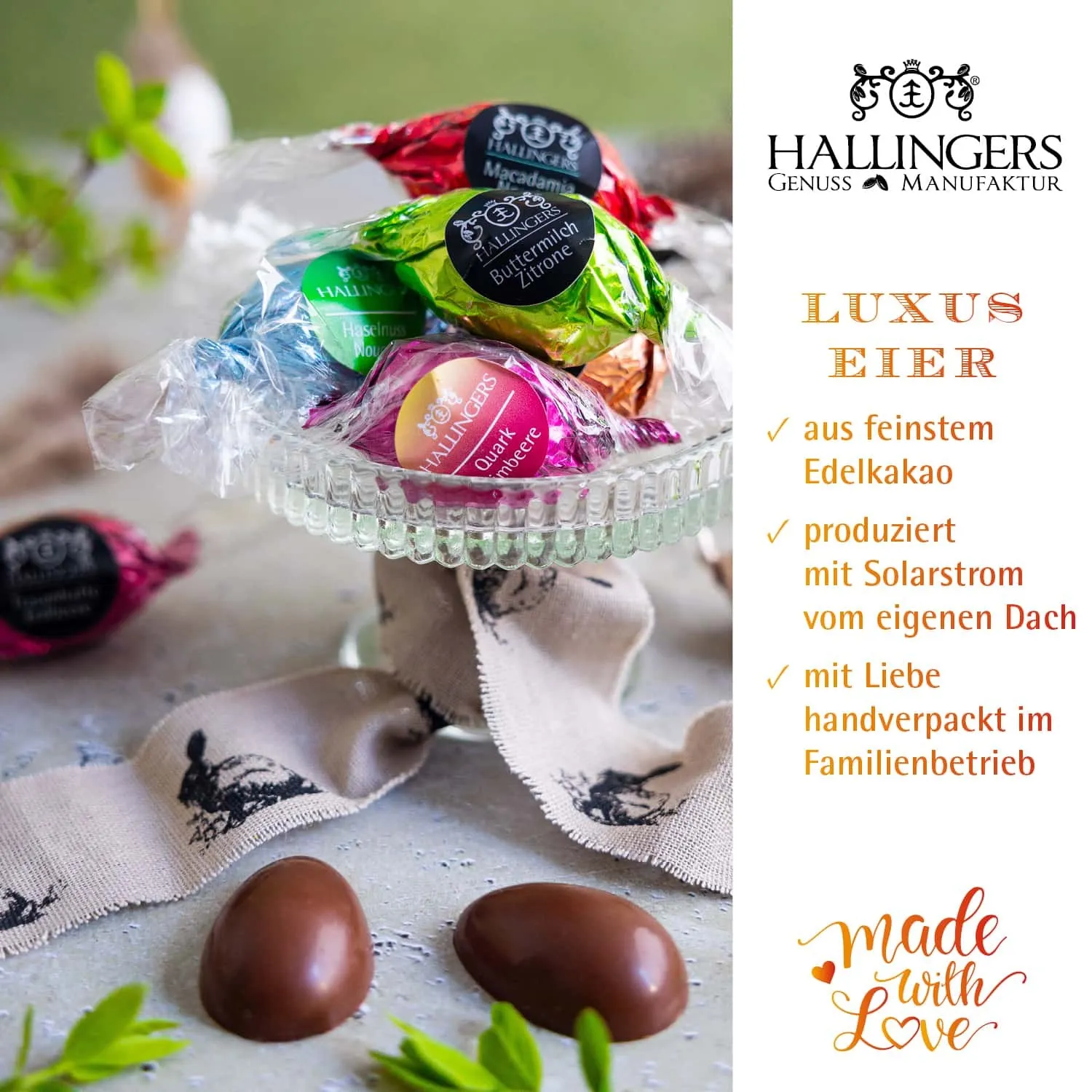 BESONDERS STATT GEWÖHNLICH - Edition \Easter Box green\: Während andere auf Masse setzen, entsteht echter Feinkost-Genuss durch perfekt abgestimmte Spezialitäten (großes Osternest mit 60 Pralinen-Ostereiern mit & ohne Alkohol)
