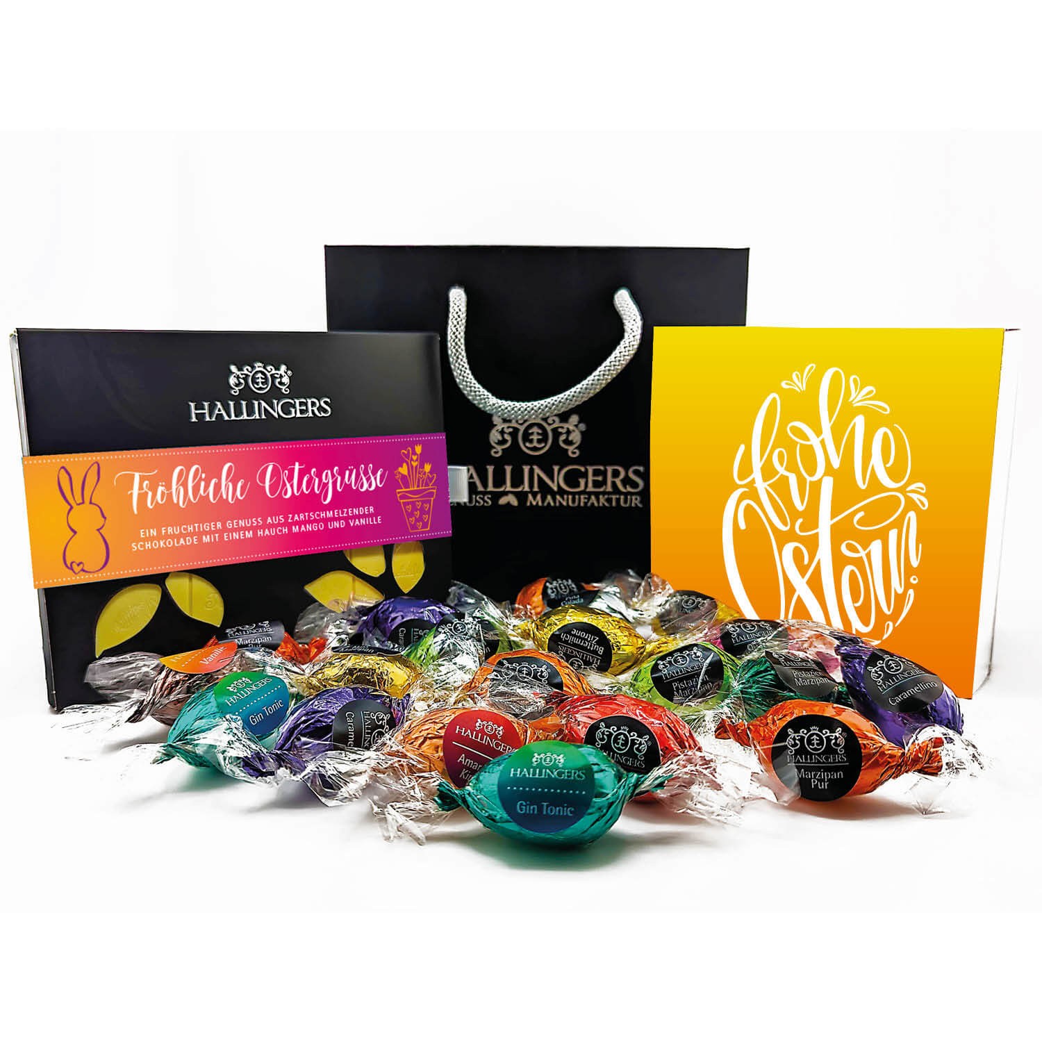 Geschenkkorb Geschenkset Ostern – Feinkost Mix mit 1 Schokolade 9 Trüffel & 20 Pralinen Ostereier, in edler Geschenktasche, Osterkörbchen Geschenk,"Ea