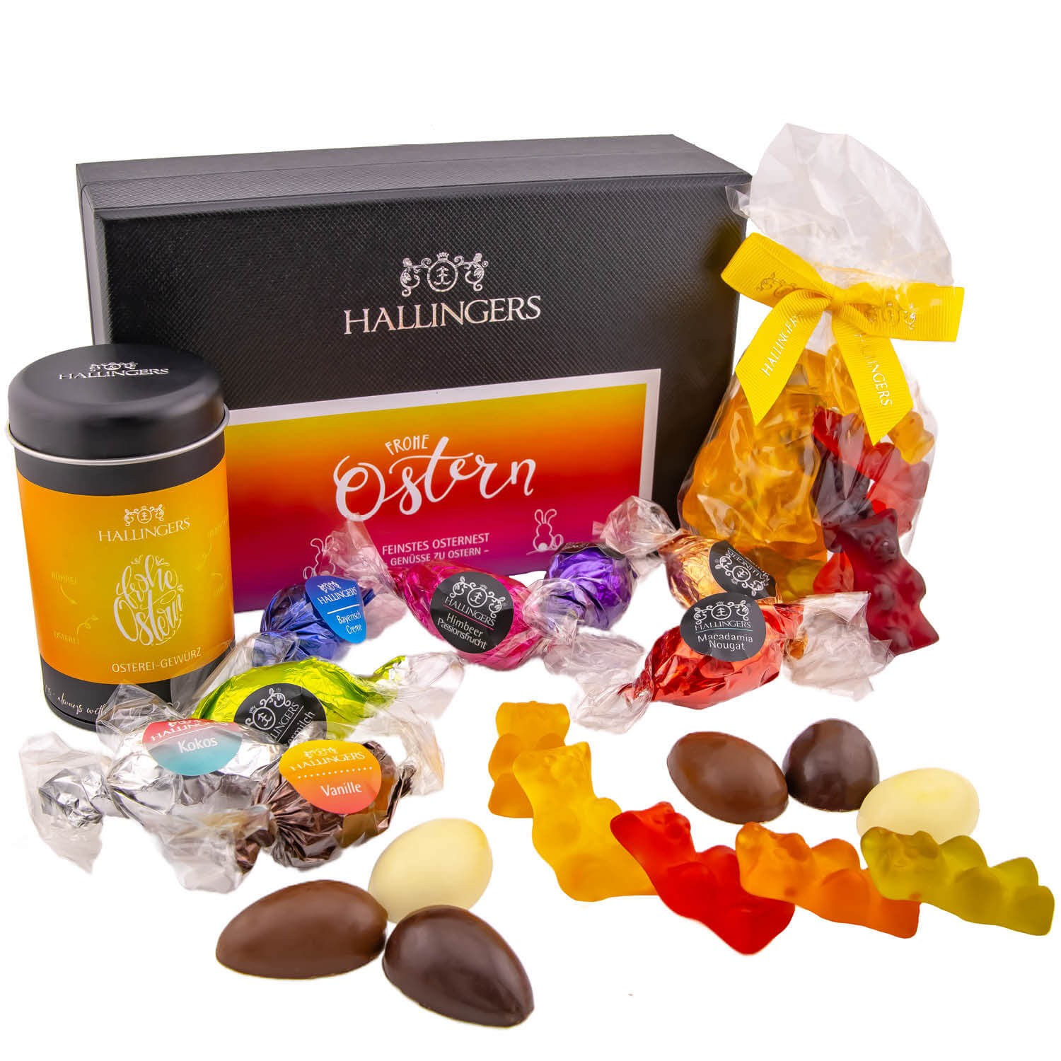 Geschenkkorb Geschenkset Ostern – Feinkost Mix mit Pralinen Ostereier Eigewürz & Fruchtsaftbärchen, in edler Geschenkbox, Osterkörbchen Geschenk, "Fro