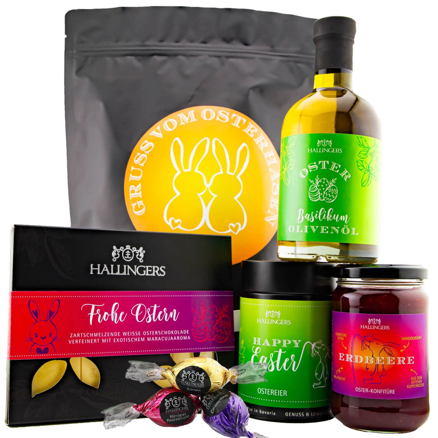 Feinkost Oster-Geschenk-Set - XXL-Wundertüte Gourmet "Gruß vom Osterhasen ..." - Hallingers Genuss Manufaktur