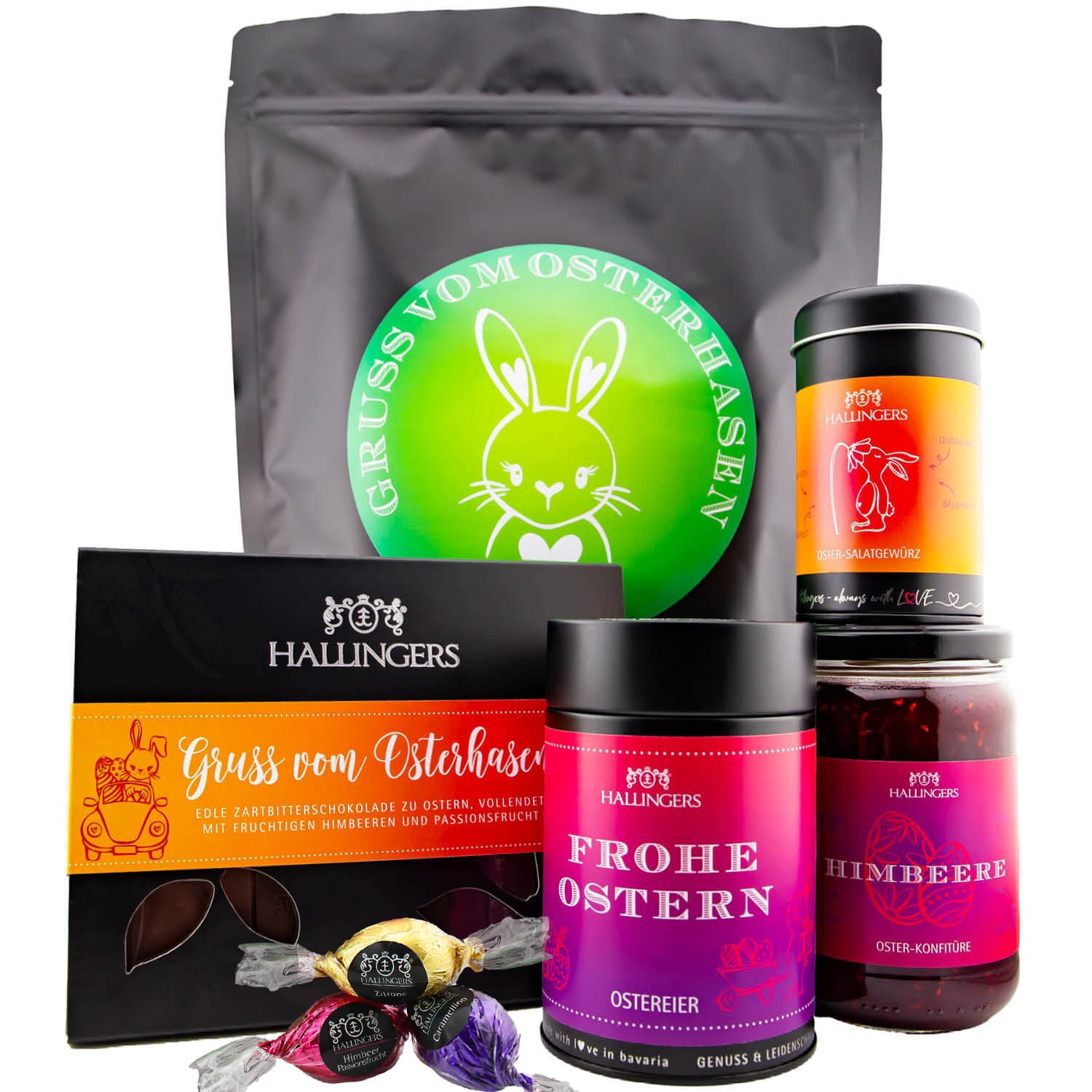 Geschenkkorb Geschenkset Ostern – Feinkost Mix mit Pralinen Osterei Ostertafel Konfitüre & Gewürz, in edler Wundertüte, Osterkörbchen Geschenk, "Gruß