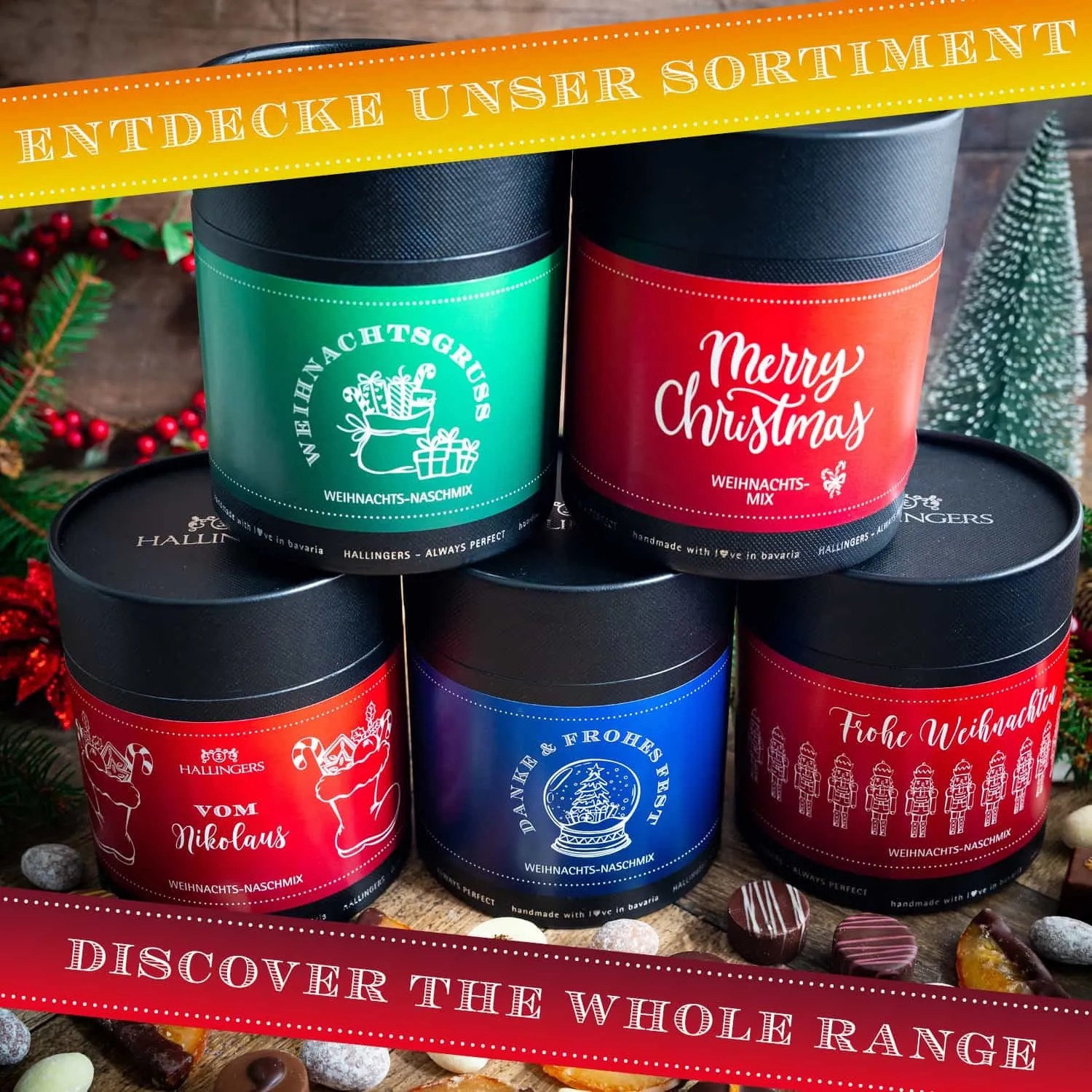 Da ist für jeden was dabei! Ein Mix aus Nougat-Mandeln, handgemachten Pralinen und kandierten Orangen. Aus unserer Manufaktur im Herzen von Bayern!