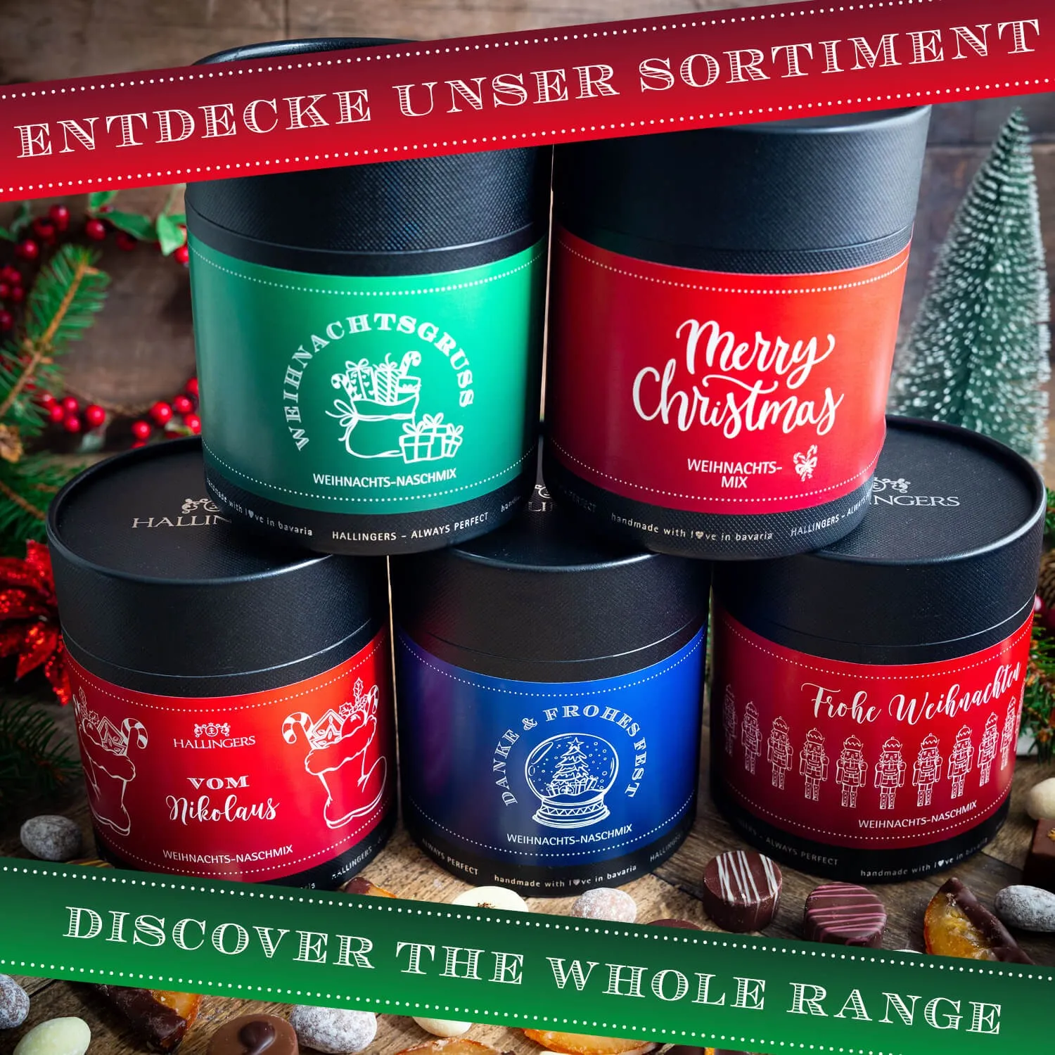 Da ist für jeden was dabei! Ein Mix aus Nougat-Mandeln, handgemachten Pralinen und kandierten Orangen. Aus unserer Manufaktur im Herzen von Bayern!