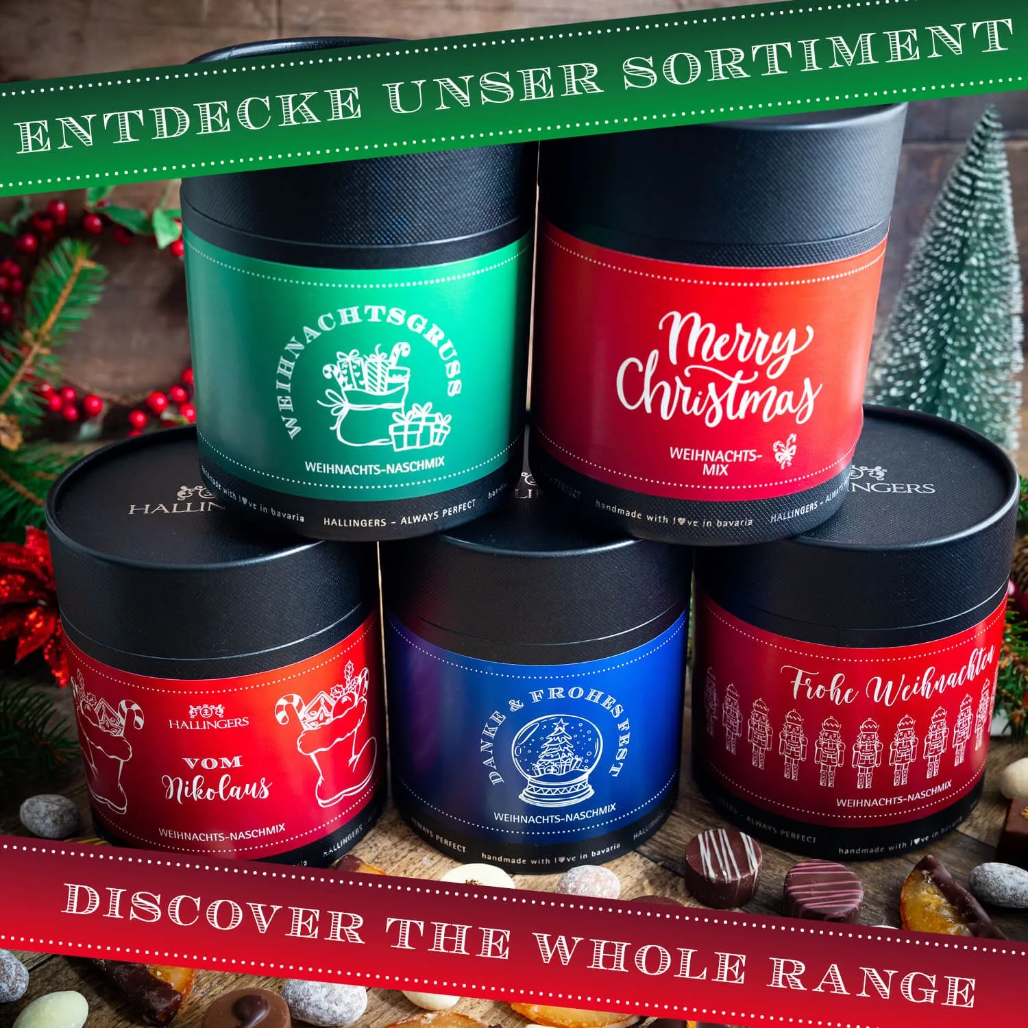 Da ist für jeden was dabei! Ein Mix aus Nougat-Mandeln, handgemachten Pralinen und kandierten Orangen. Aus unserer Manufaktur im Herzen von Bayern!