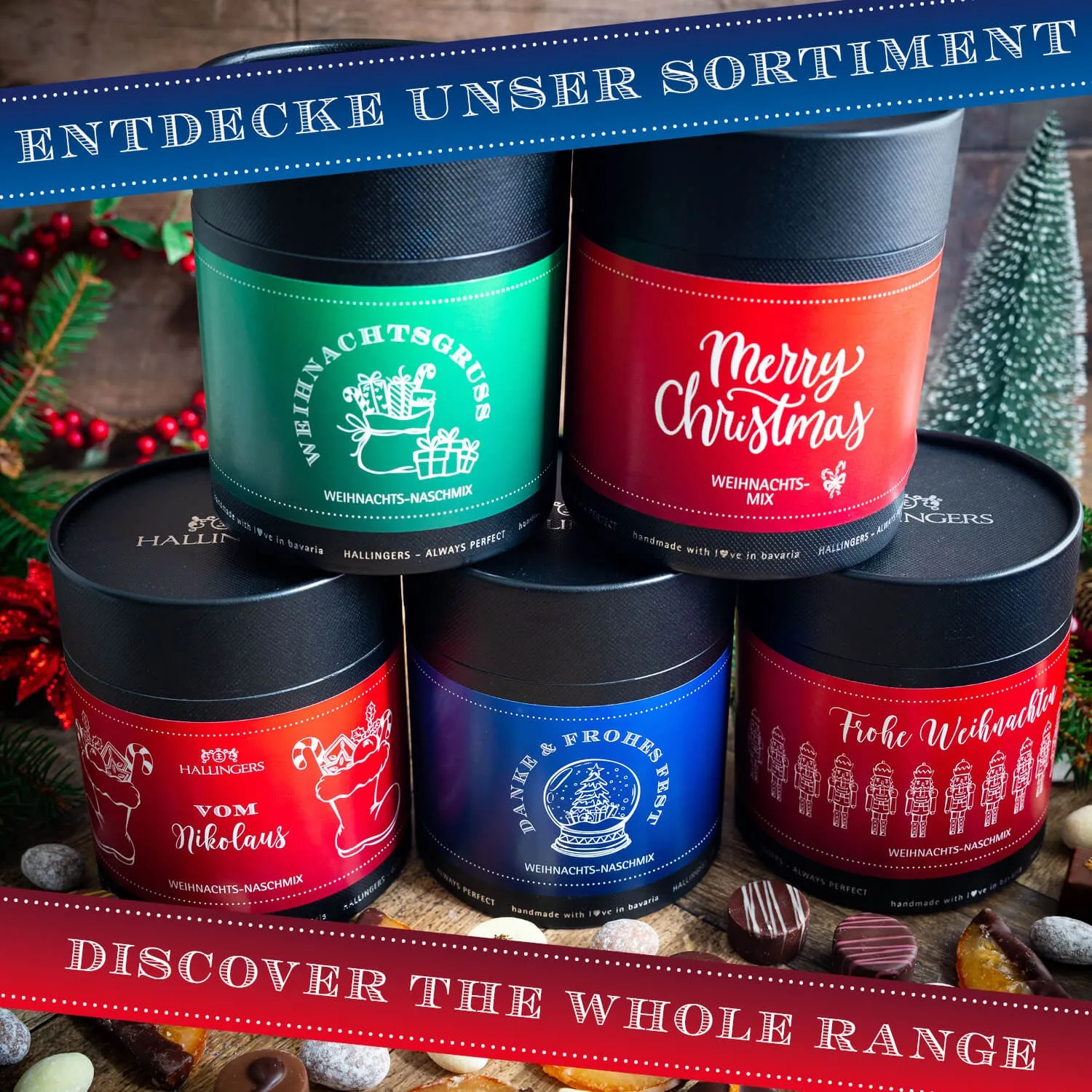 Da ist für jeden was dabei! Ein Mix aus Nougat-Mandeln, handgemachten Pralinen und kandierten Orangen. Aus unserer Manufaktur im Herzen von Bayern!