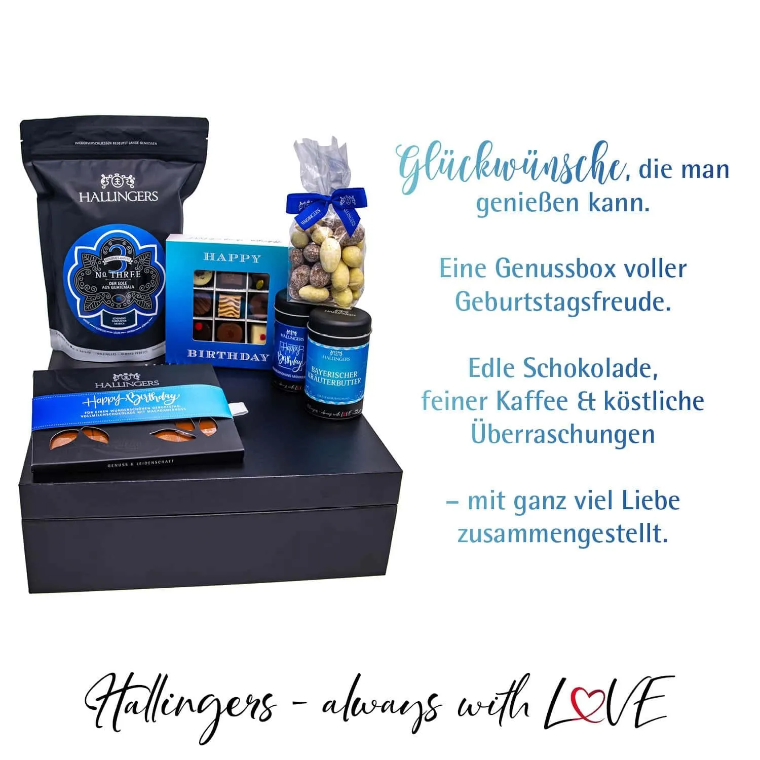 Happy Birthday Blue (großes Mitbringsel Kaffee, Schokolade, 9er Pralinen, Mandeln & Gewürz) - Feinkost-Set, XXL-Geschenkkorb Gourmet