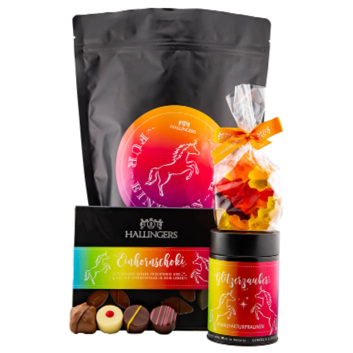 Geschenkkorb Geschenkset – Feinkost Mix, Valentinstag Unicorn Wundertüte XXL Pralinen, Tafel Schokolade & Fruchtsaftbärchen (340g) - Für Einhorn Fans