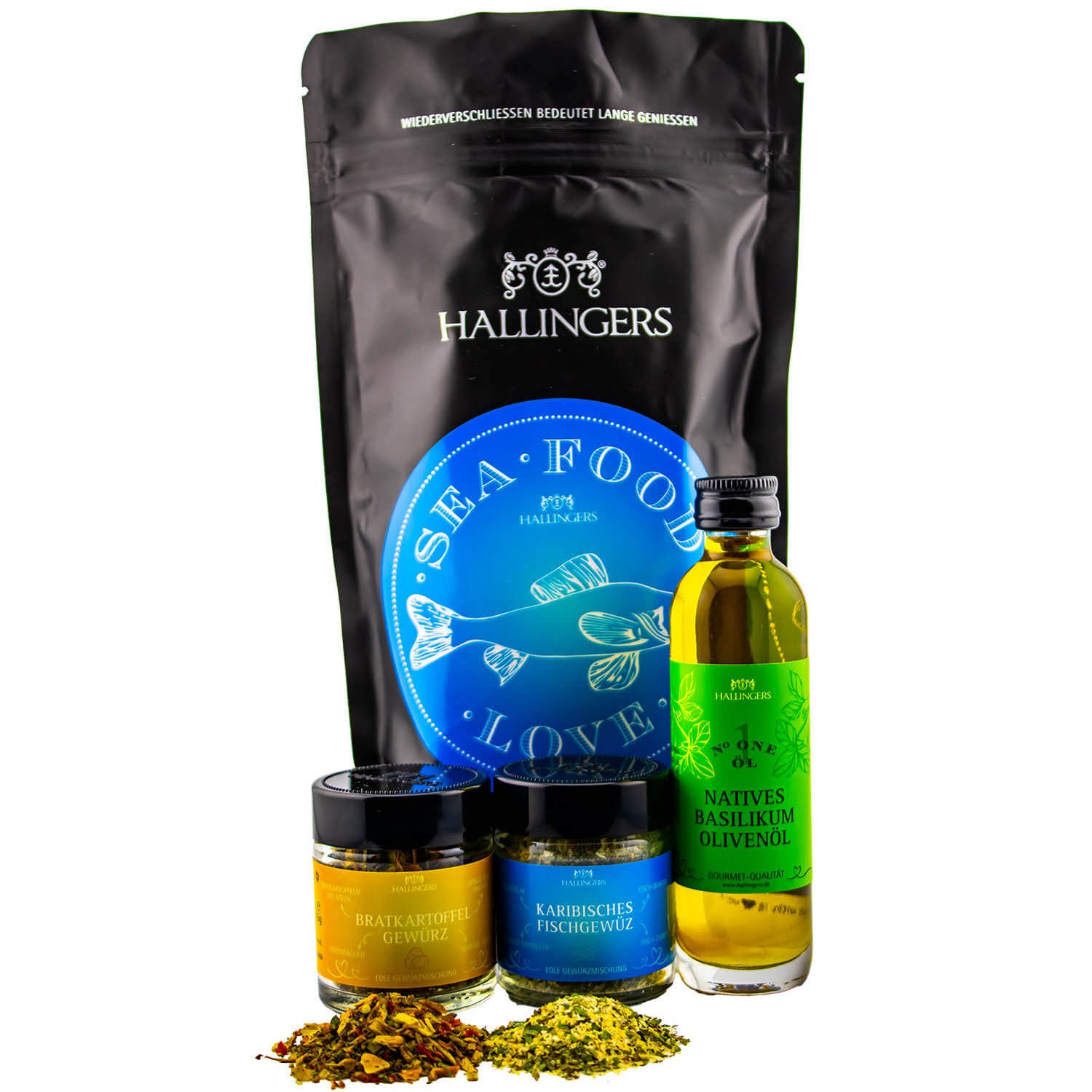 Geschenkkorb Geschenkset – Feinkost Mix, Grillen Wundertüte Basilikum Olivenöl Bratkartoffel & Fischgewürz für Grillparties (79g) - Sea Food