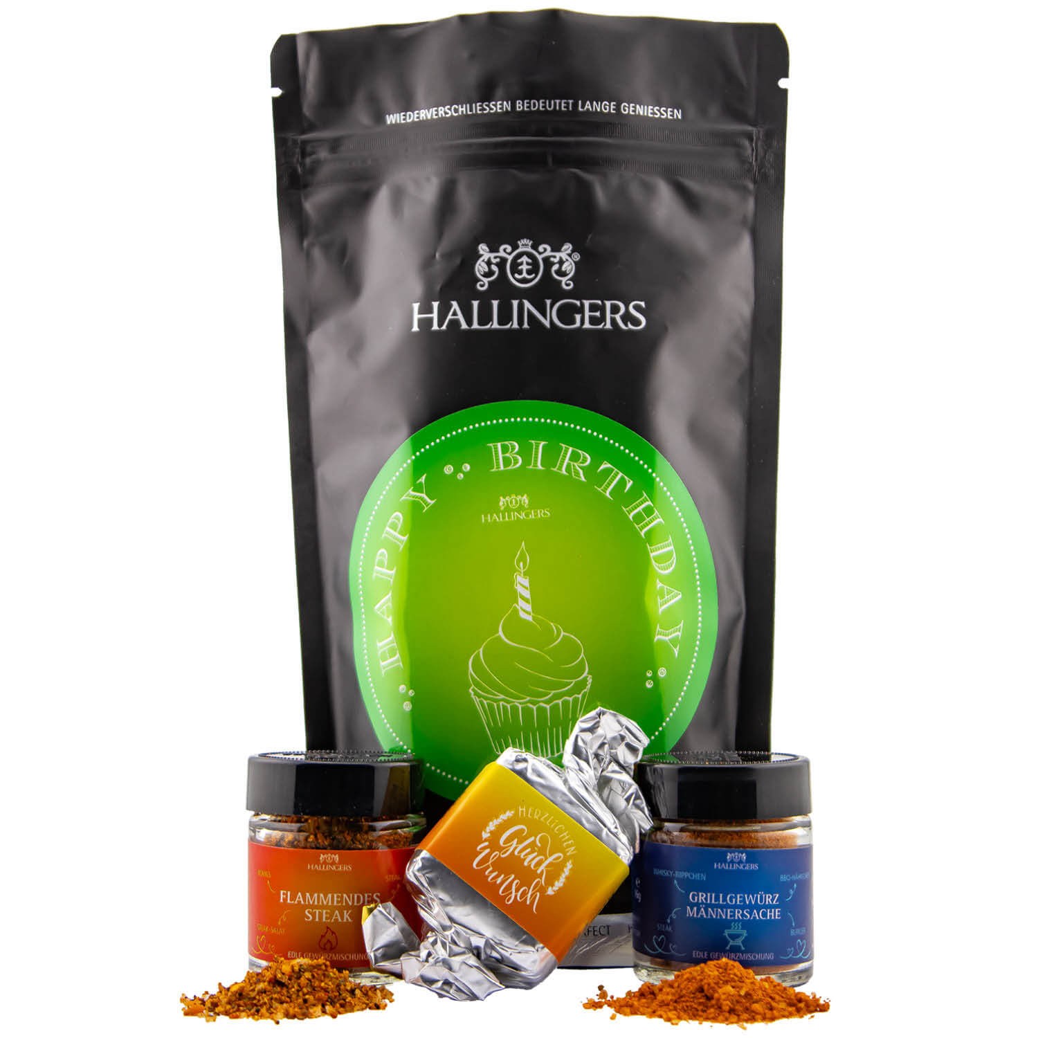 Feinkost Geburtstagsgeschenk-Set - Gourmet-Auswahl Wundertüte "Happy Birthday green" - Hallingers Genuss Manufaktur